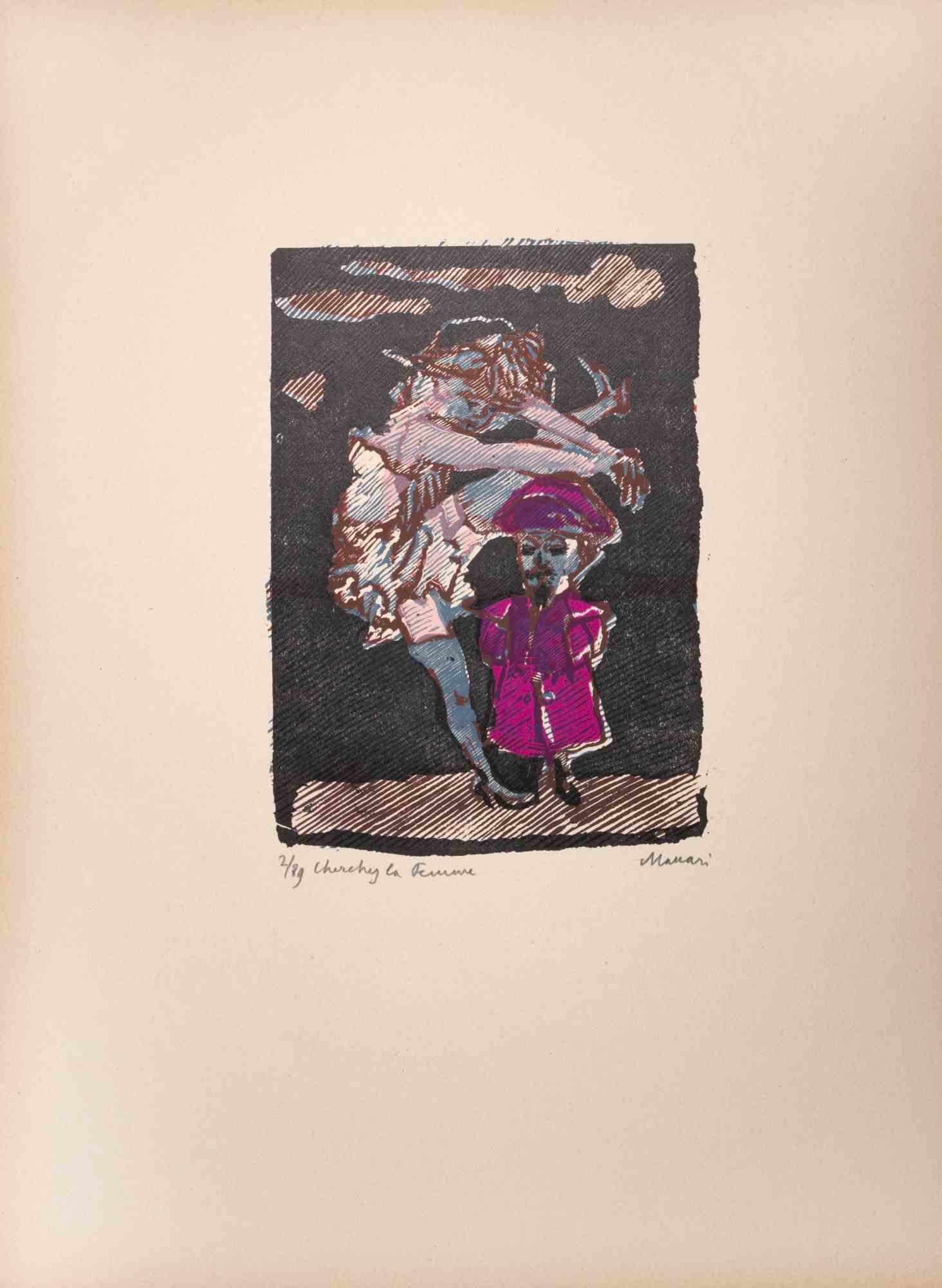  Cherchez la Femme ist ein Kunstwerk von Mino Maccari (1924-1989) aus der Mitte des 20. Jahrhunderts.

Farbiger Holzschnitt auf Papier. Unten handsigniert, nummeriert 2/89 Exemplare und am linken Rand betitelt.

Gute Bedingungen.

Mino Maccari