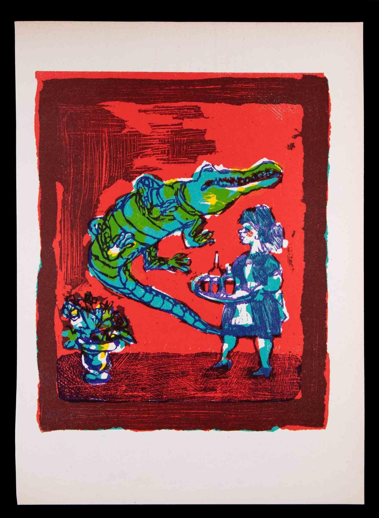 Crocodile Surprise - Linocut by Mino Maccari - 1951