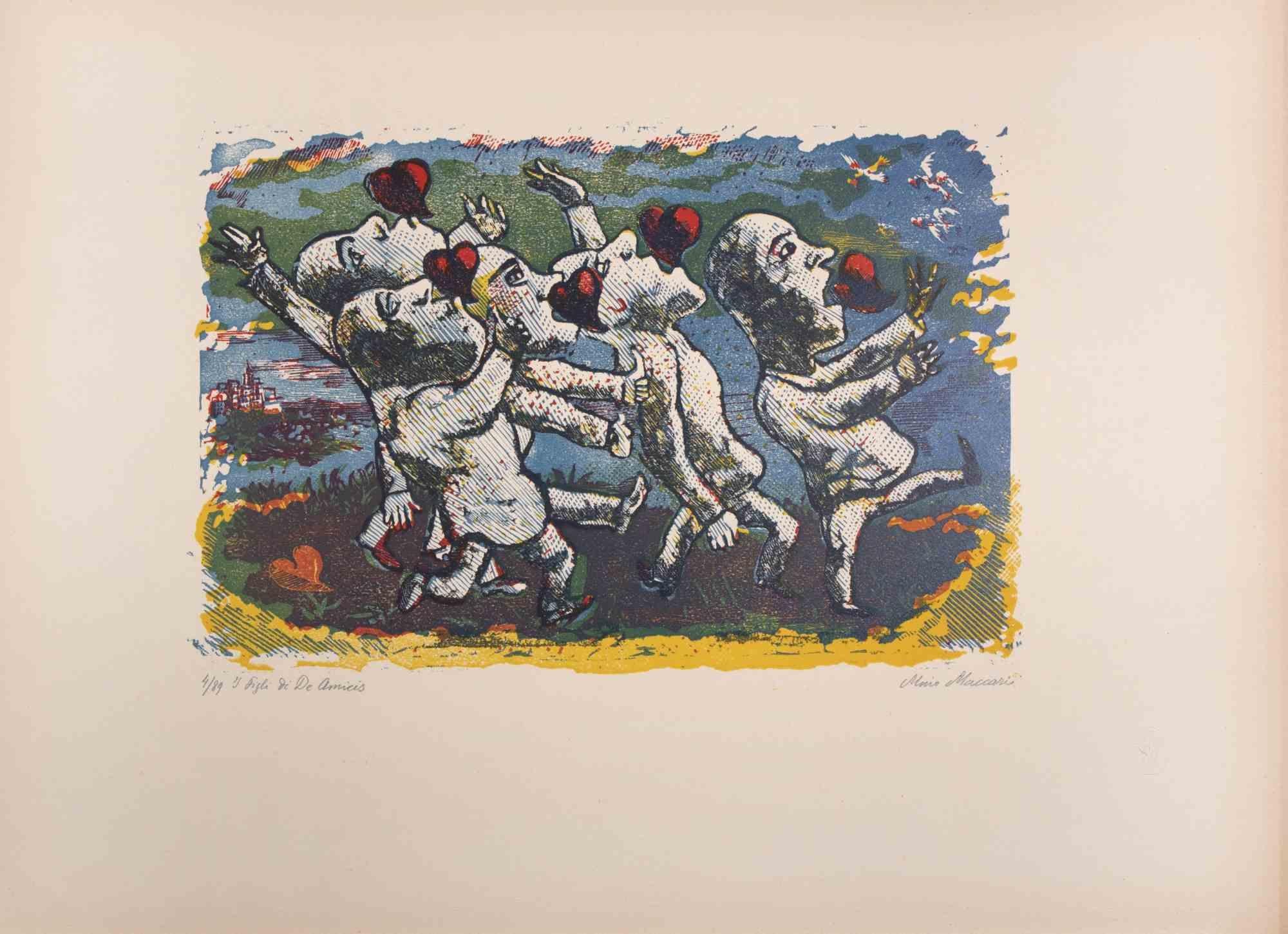 De Amicis's sons is an Artwork realized by Mino Maccari  (1924-1989) in 1943.

Colored woodcut on paper. Hand-signed on the lower, numbered 4/89 specimens and titled on the left margin.

Good conditions.

Mino Maccari (Siena, 1924-Rome, June 16,