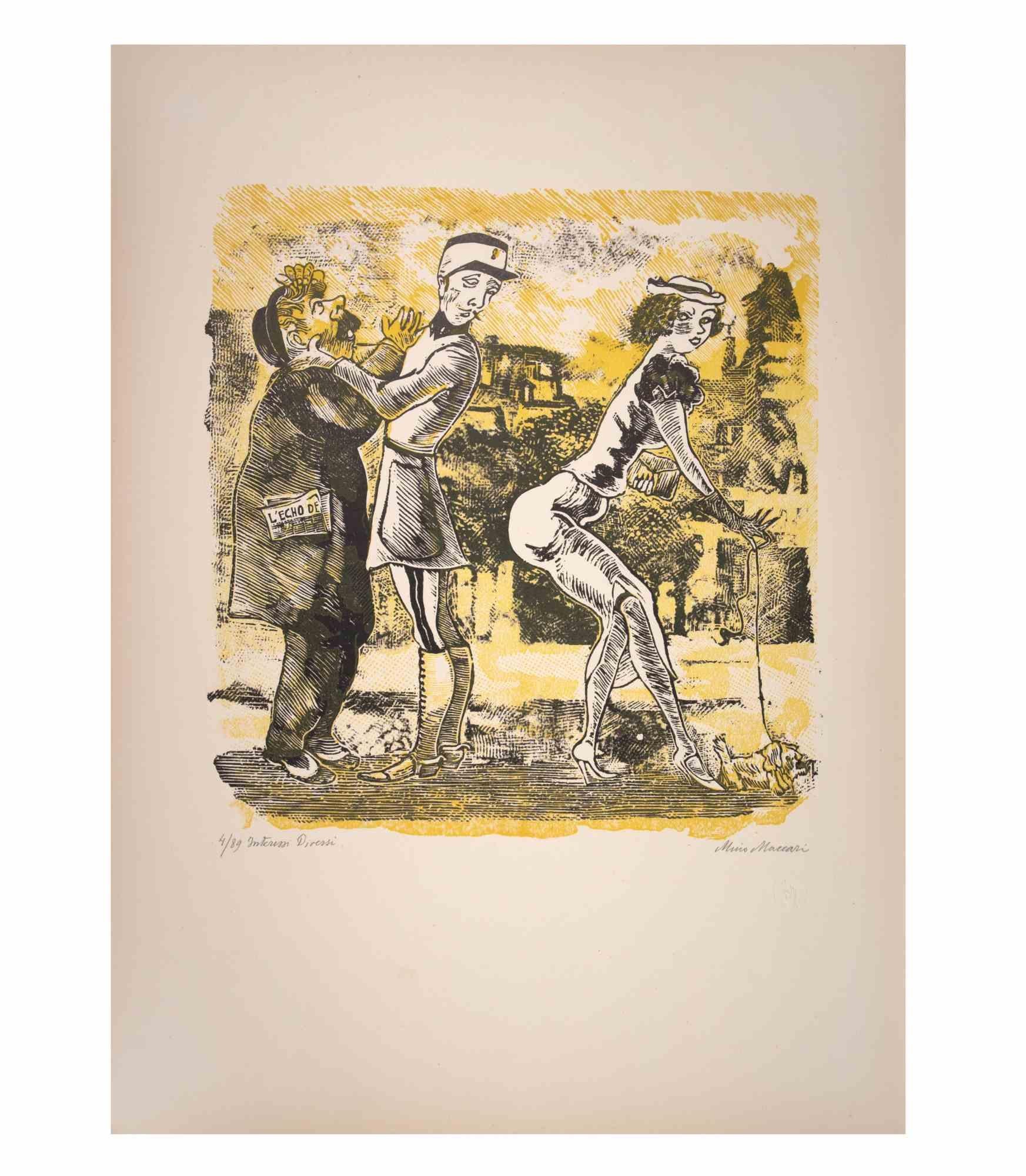  Different interests is an Artwork realized by Mino Maccari  (1924-1989) in the Mid-20th Century.

Colored woodcut on paper. Hand-signed on the lower, numbered 4/89 specimens and titled on the left margin.

Good conditions.

Mino Maccari (Siena,