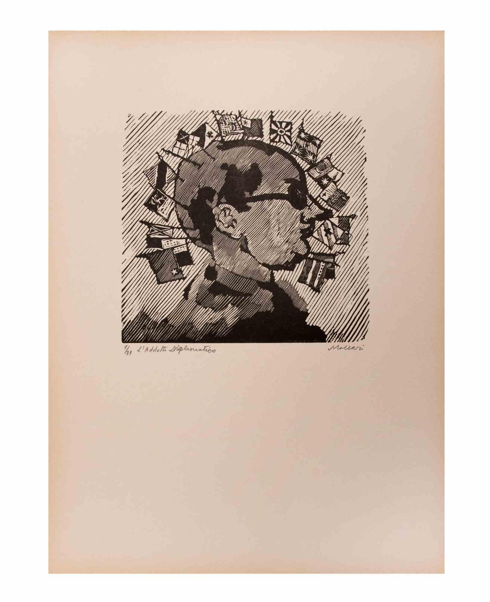 Diplomatic employees is an Artwork realized by Mino Maccari  (1924-1989) in the Mid-20th Century.

B./W. Woodcut on paper. Hand-signed on the lower, numbered 1/89 specimens and titled on the left margin.

Good conditions.

Mino Maccari (Siena,