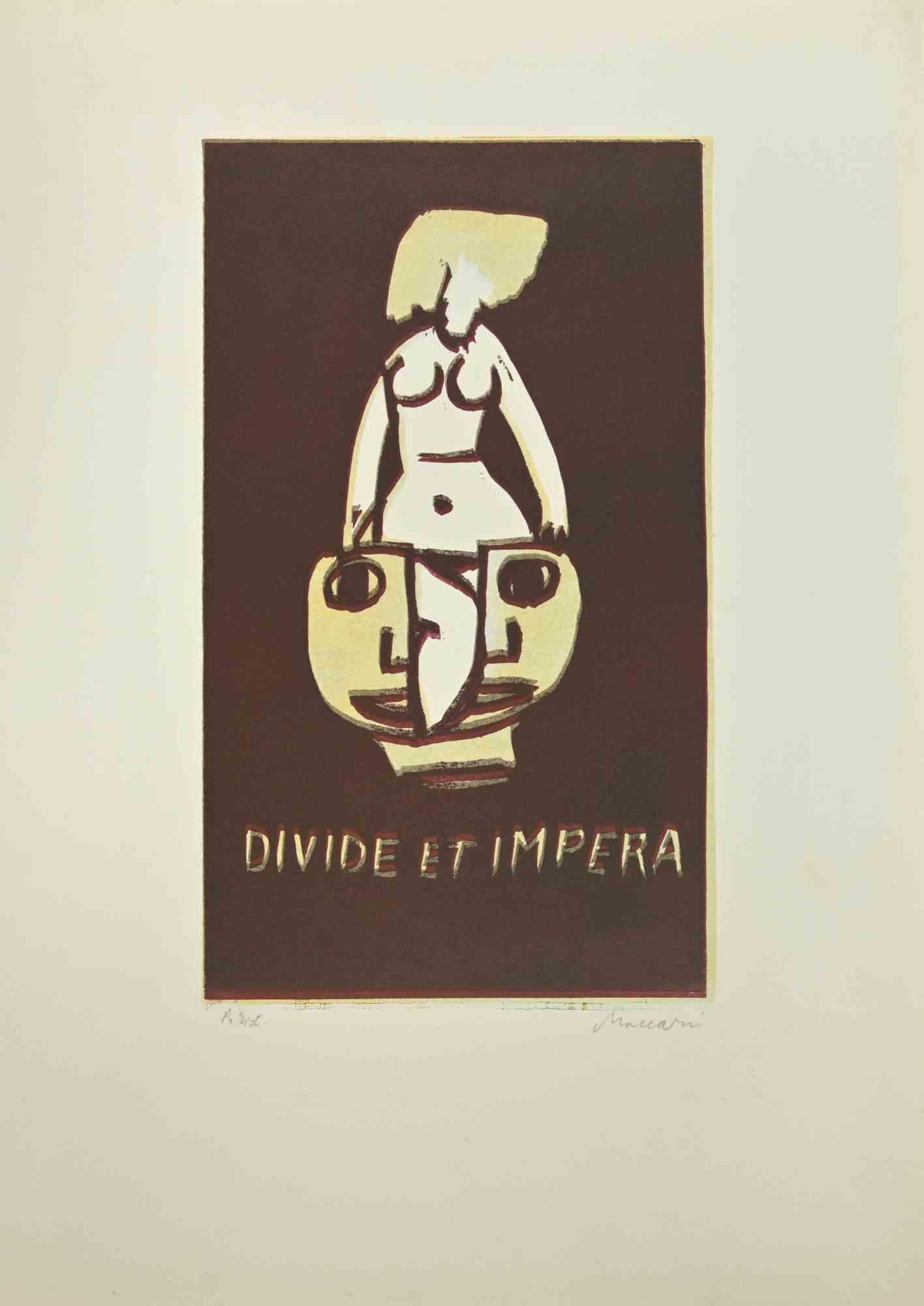 Divide et Impera is a Linocut realized by Mino Maccari in the 1960s.

Hand-signed in the lower right part.

Artist's Proof.

Good conditions.

Mino Maccari (Siena, 1924-Rome, June 16, 1989) was an Italian writer, painter, engraver and journalist,