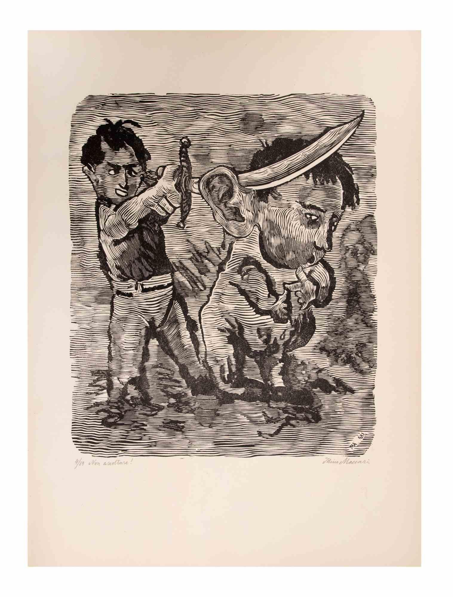 N'écoutez pas ! (Non ascoltare !) est une œuvre d'art réalisée par Mino Maccari (1924-1989) au milieu du XXe siècle.

Gravure sur bois B./W. sur papier. Signé à la main dans la partie inférieure, numéroté 4/89 exemplaires et titré dans la marge