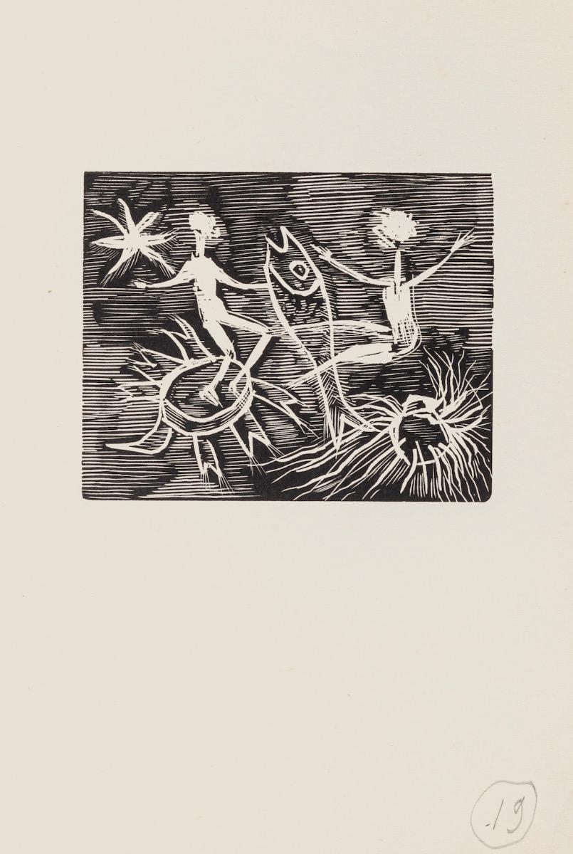 Dreamy is an original modern artwork realized in the mid-20th Century by the Italian artist Mino Maccari (Siena, 1898 - Rome, 1989).

Original woodcut on paper. Very good conditions. 
The artwork represents a dreamy scenery of two figures with fish