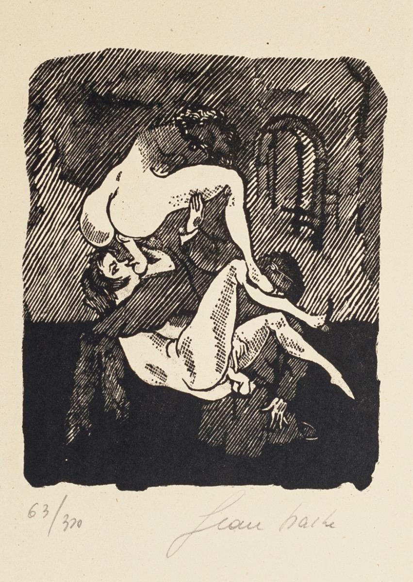 Erotic Scene ist ein originales xilographisches Kunstwerk von Mino Maccari aus dem Jahr 1944. Handsigniert mit dem Pseudonym "Jean Baschie", der Signatur des Künstlers in der erotischen Serie von 1944, in Bleistift unten rechts, nummeriert, Auflage