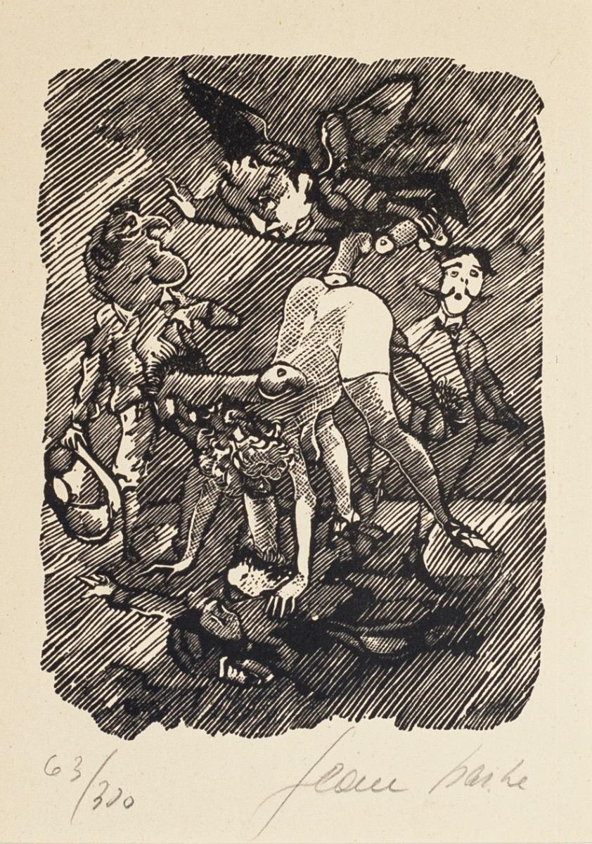 Erotic Scene ist ein originales xilographisches Kunstwerk von Mino Maccari aus dem Jahr 1945. Handsigniert unter dem Pseudonym "Jean Baschie", das die Signatur des Künstlers in der erotischen Serie von 1944-45 ist, in Bleistift unten rechts,