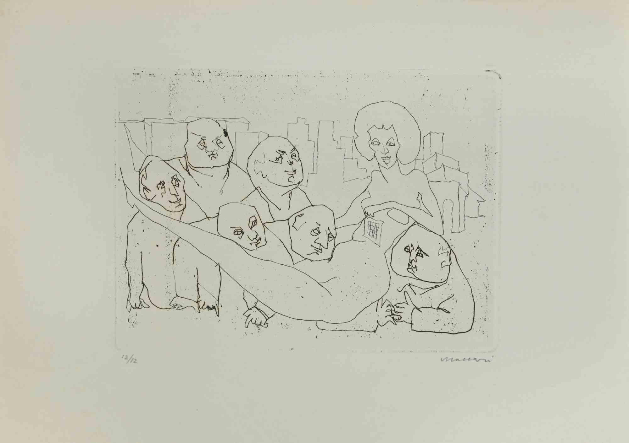 Figures  is an Etching and Drypoint realized by Mino Maccari in the Mid-20th Century.

Hand-signed in the lower right part.

Numbered. Edition,12/12.

Good conditions.

Mino Maccari (Siena, 1924-Rome, June 16, 1989) was an Italian writer, painter,
