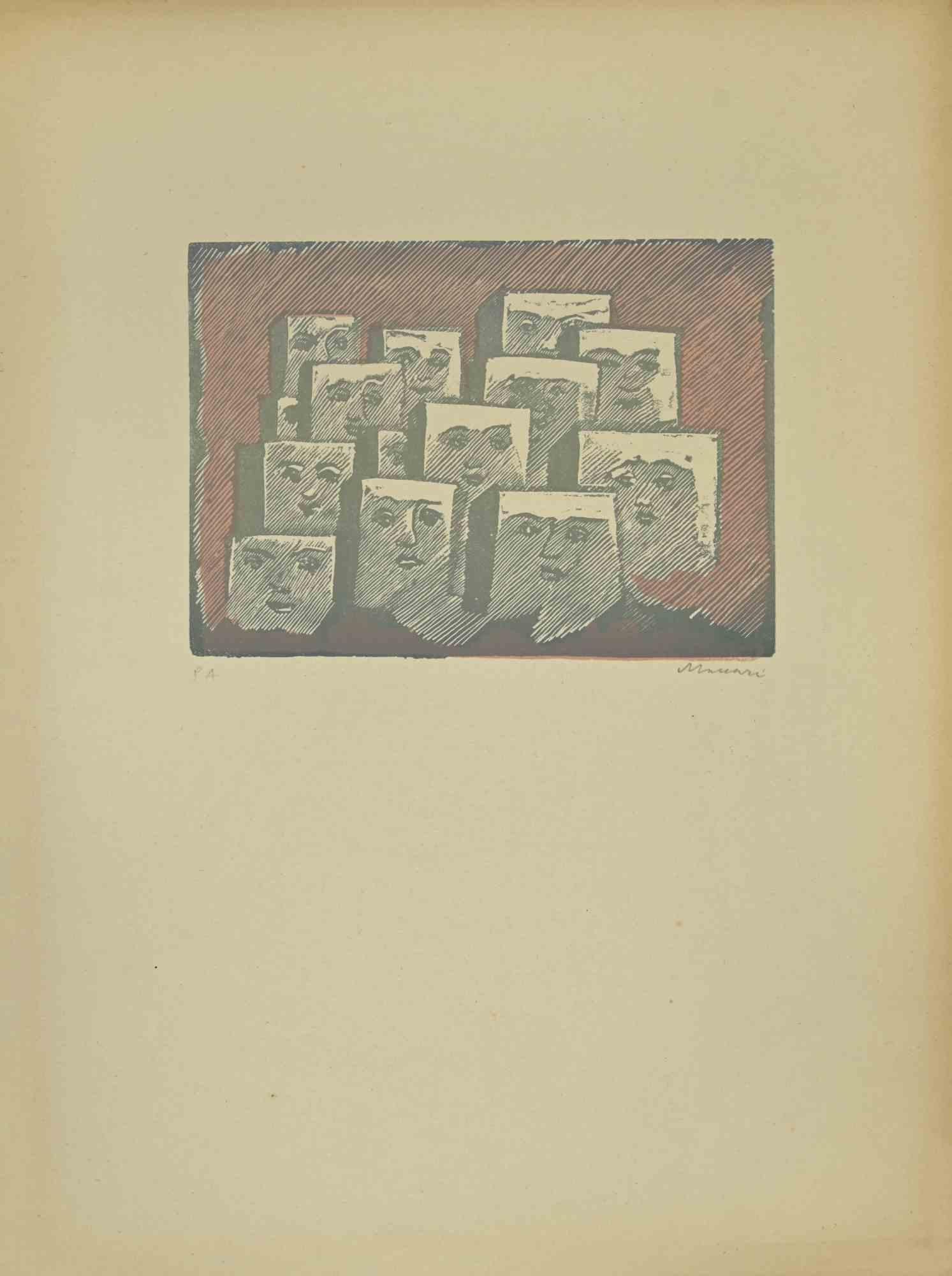 Faces - Linocut Print by Mino Maccari - 1940s
