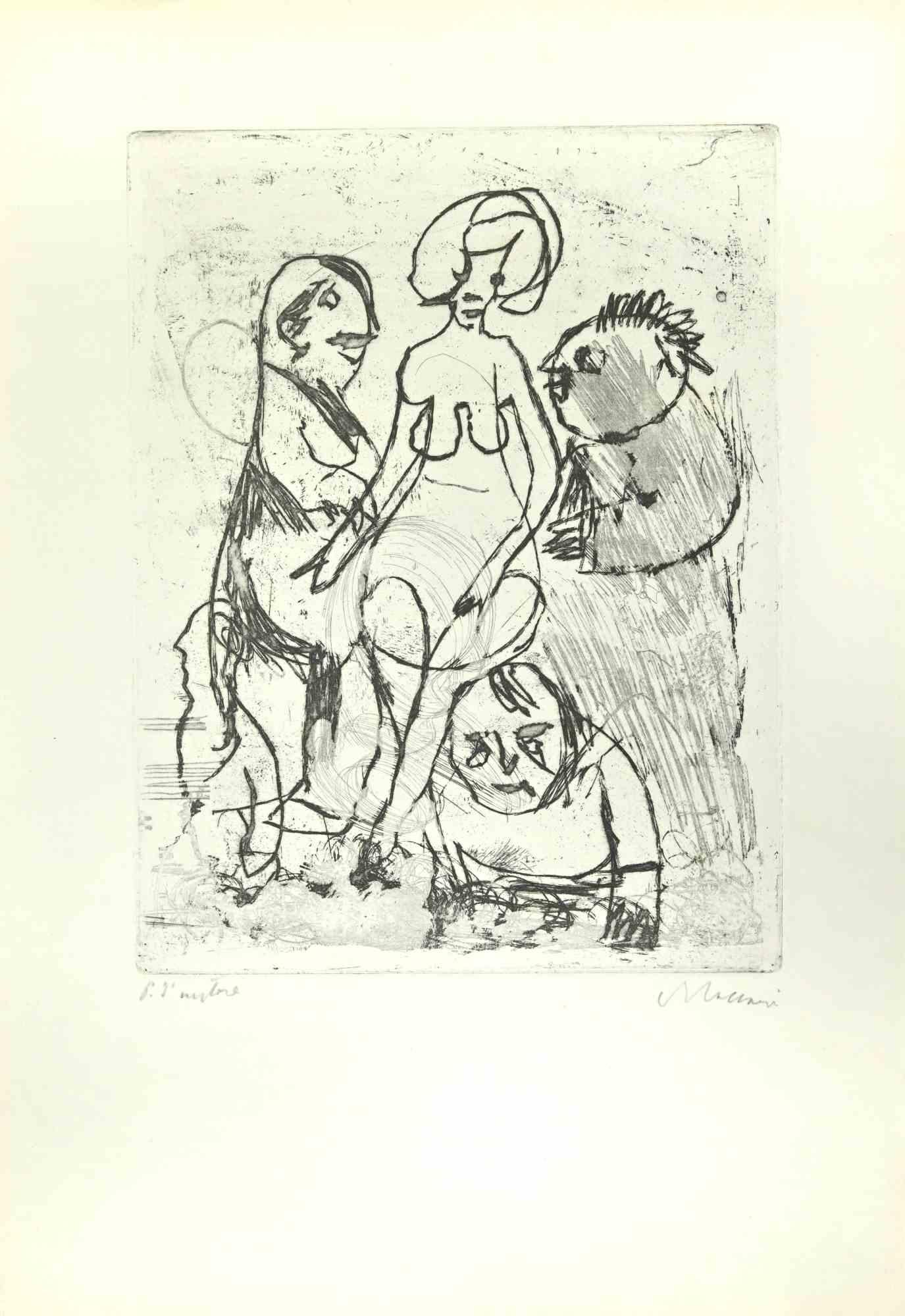 Figures is an Etching and Drypoint realized by Mino Maccari in the Mid-20th Century.

Hand-signed in the lower right part.

Artist's proof.

Good conditions.

Mino Maccari (Siena, 1924-Rome, June 16, 1989) was an Italian writer, painter, engraver