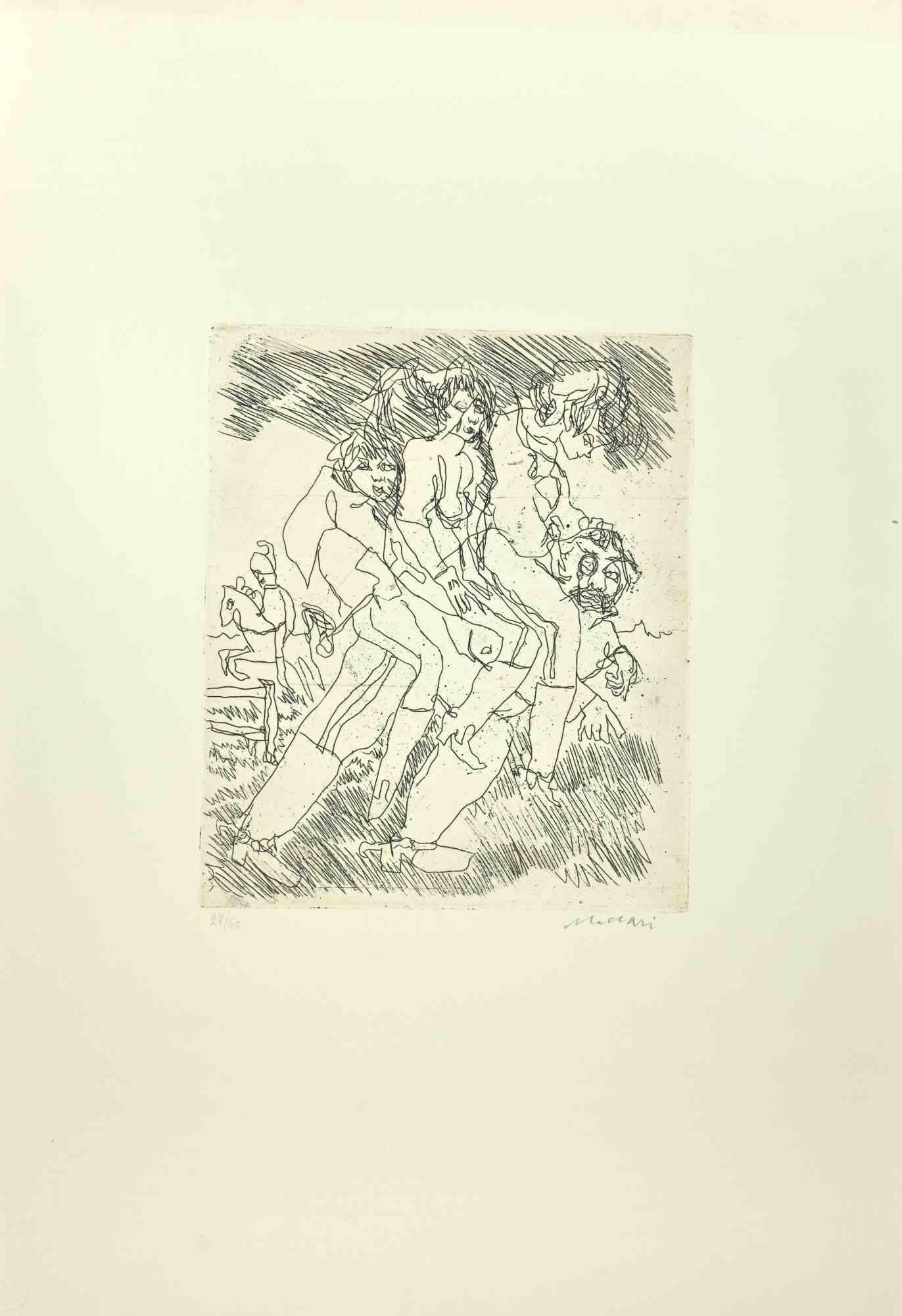 Figures  is an Etching and Drypoint realized by Mino Maccari in the Mid-20th Century.

Hand-signed in the lower right part.

Numbered. Edition,27/50.

Good conditions.

Mino Maccari (Siena, 1924-Rome, June 16, 1989) was an Italian writer, painter,