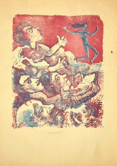 Figuren auf Rot – Original Holzschnitt von Mino Maccari – Mitte des 20. Jahrhunderts