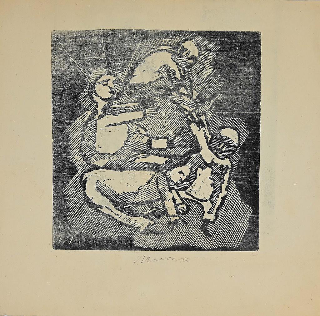 Figuren 1945 ist eine originale Kaltnadelradierung von Mino Maccari (1945).

Das Kunstwerk ist in gutem Zustand, mit Ausnahme des abgenutzten Papiers an den Rändern.  Abmessungen des Bildes: 20x18,8 cm.

Handsigniert vom Künstler am unteren Rand,
