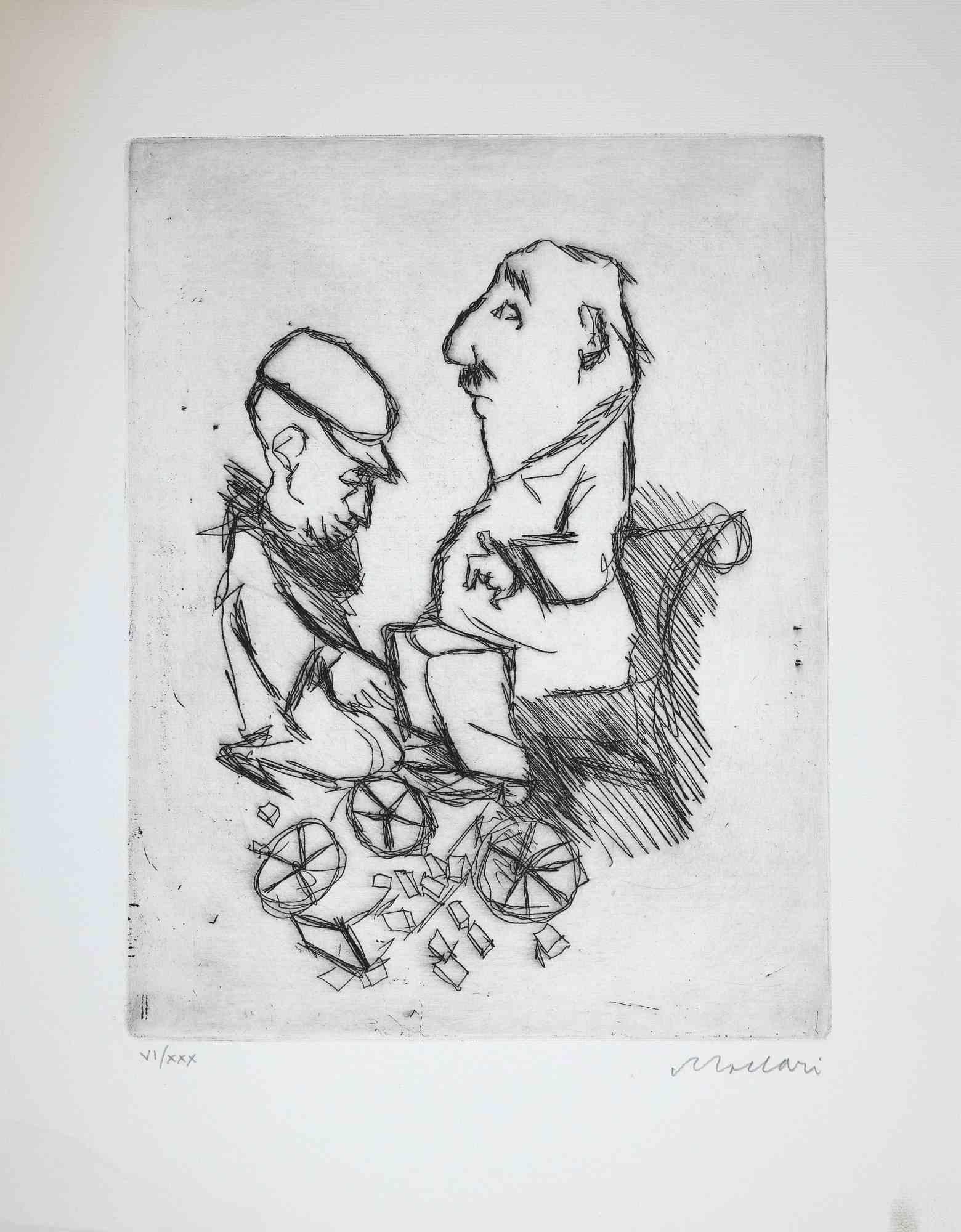Figures is an original print realized by Mino Maccari in Mid-20th Century.

Beautiful black and white etching on ivory-colored paper. Included a passport: 49 x 34 cm.

Good condition on a yellowed paper. Edition of 30.

Hand-signed by the artist