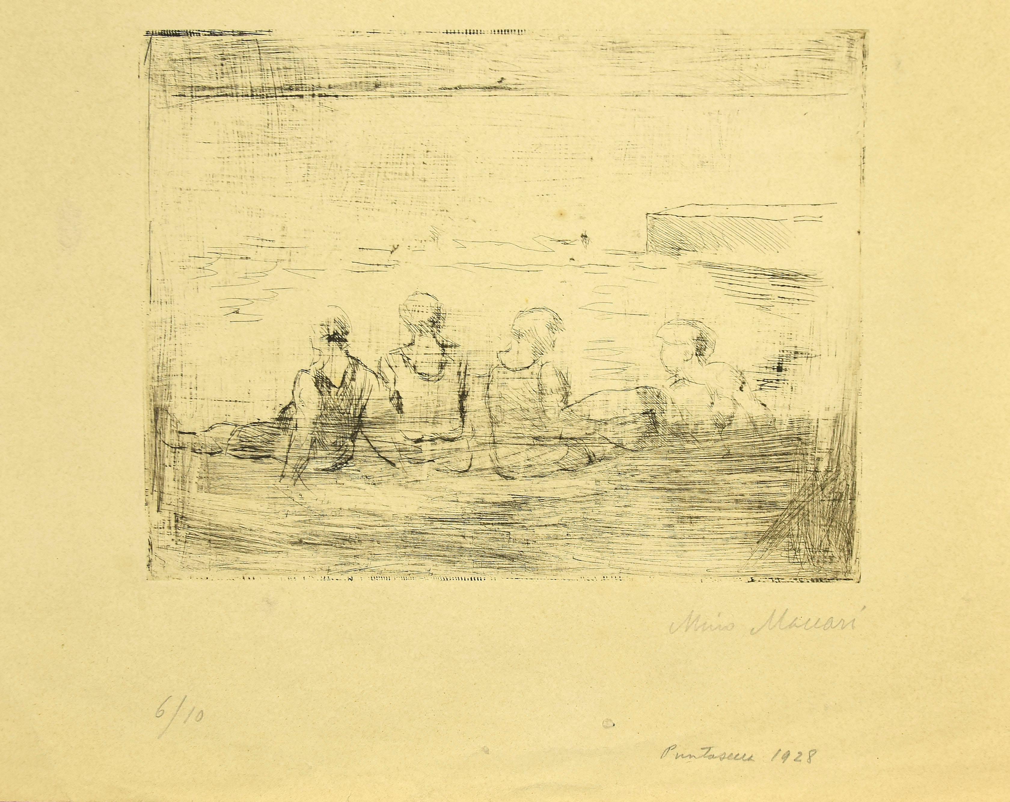 Figures is an original modern artwork realized in 1928 by the Italian artist Mino Maccari (Siena, 1898 - Rome, 1989).

Original drypoint on paper. Edition of 10 prints.

Hand-signed in pencil by the artist on the lower right corner: Mino Maccari.