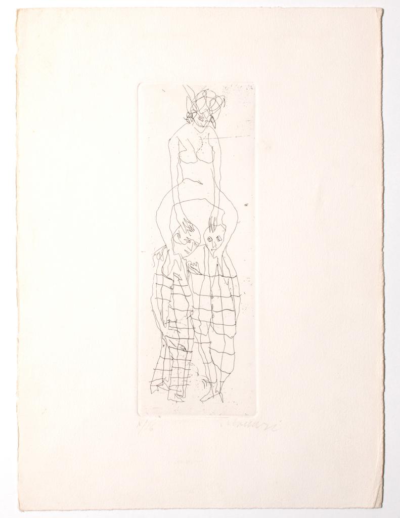 Figures is an original modern artwork realized in 1960 ca. by the Italian artist Mino Maccari (Siena, 1898 - Rome, 1989).

Original etching on paper. Edition of 16 prints.

Hand-signed in pencil by the artist on the lower right corner: Mino Maccari.