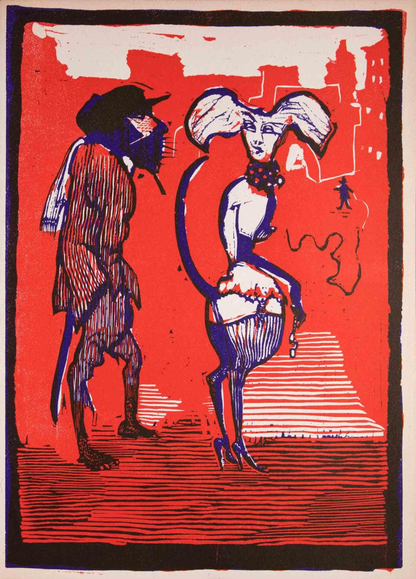 Figures - Linocut by Mino Maccari - 1951