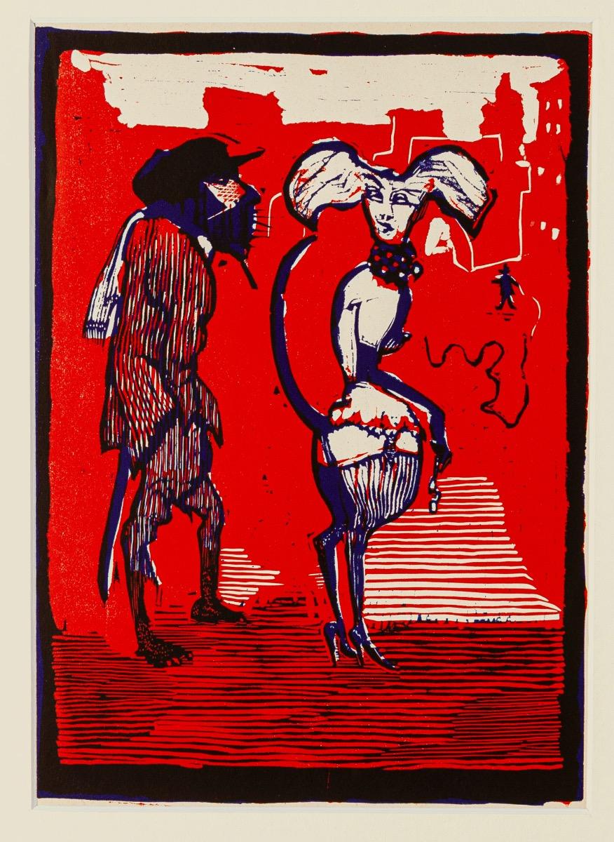 Figures is an original woodcut artwork realized by Mino Maccari.

Included a white Passepartout: 49 x 34 cm.

The state of preservation is very good.

The artwork represents two fantastic figures, two hybrid-creature, with a vivid reddish