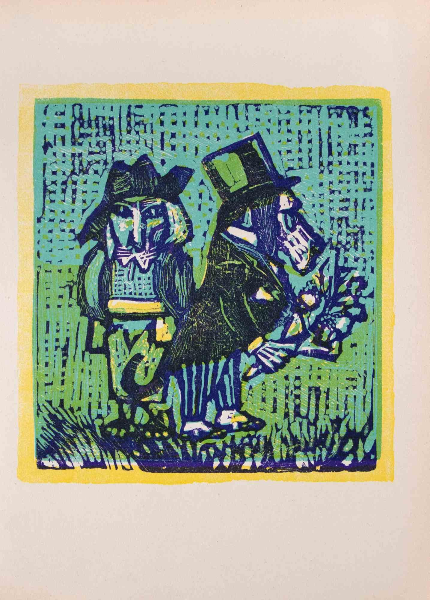 Gentledogs - Original Linocut by Mino Maccari - 1951