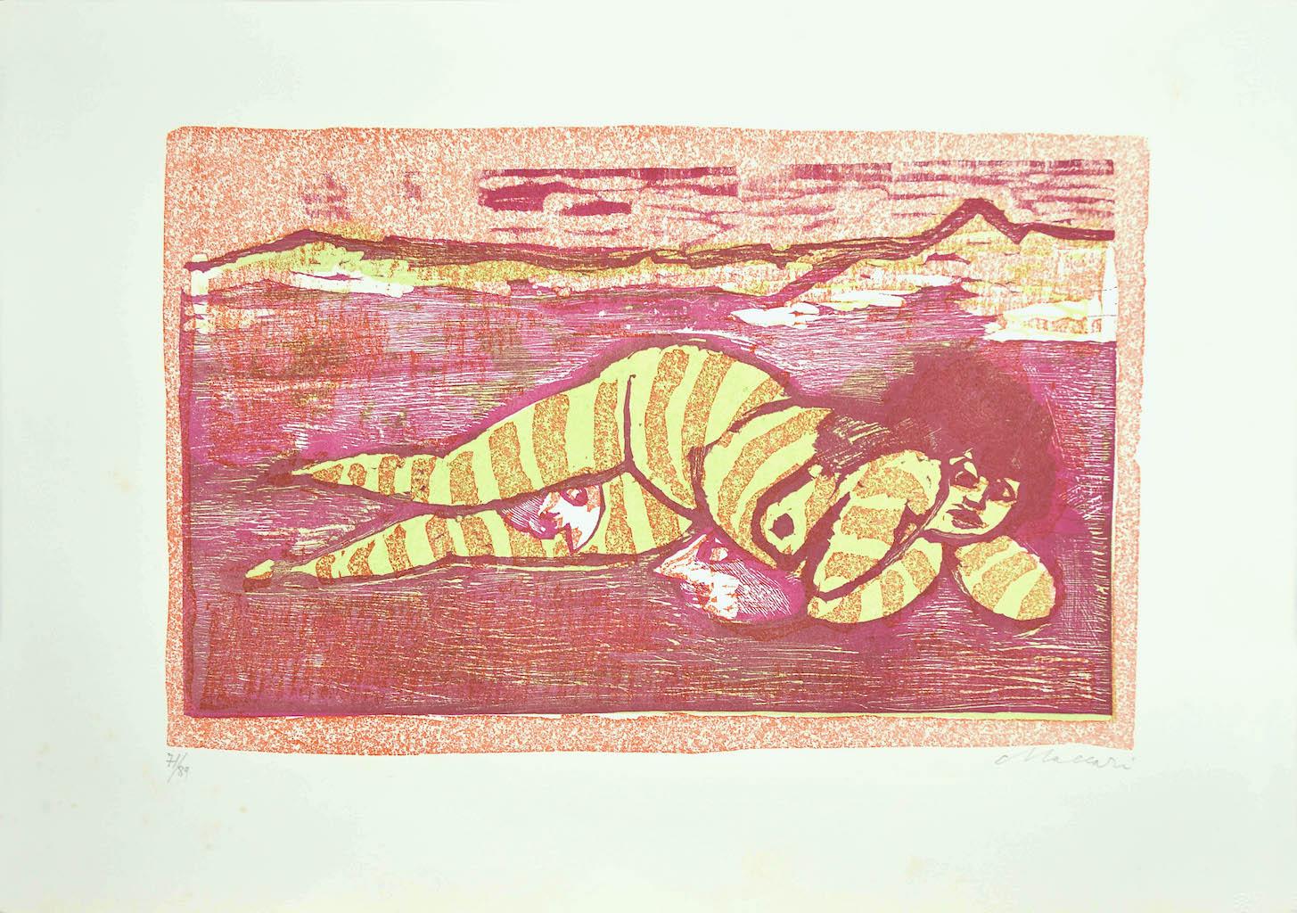 Mädchen in Rosa –  Holzschnitt von Mino Maccari – Mitte des 20. Jahrhunderts