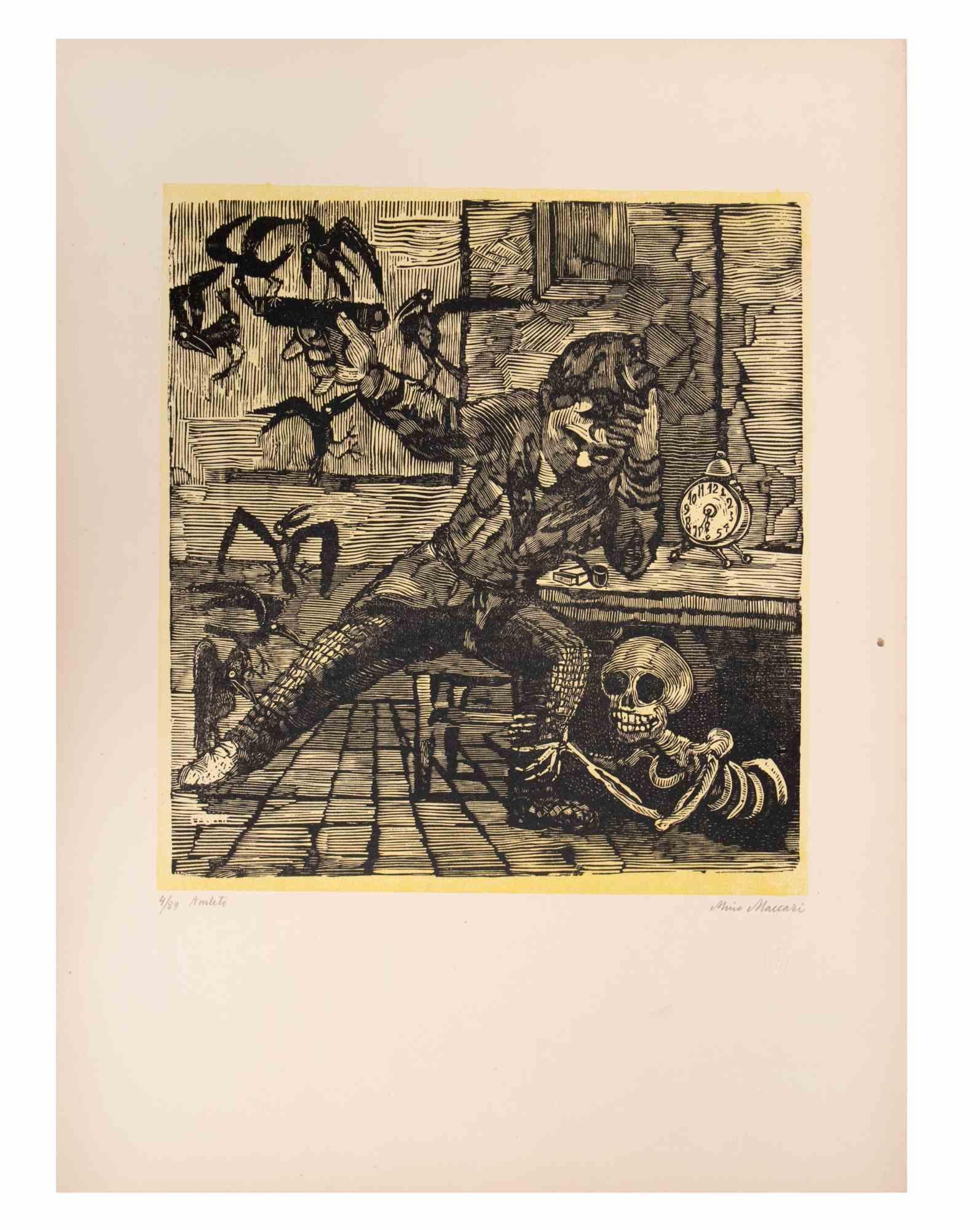 Hamlet (Amleto) is an Artwork realized by Mino Maccari  (1924-1989) in the Mid-20th Century.

B./W.  woodcut on paper. Hand-signed on the lower, numbered 4/89 specimens and titled on the left margin.

Good conditions.

Mino Maccari (Siena,