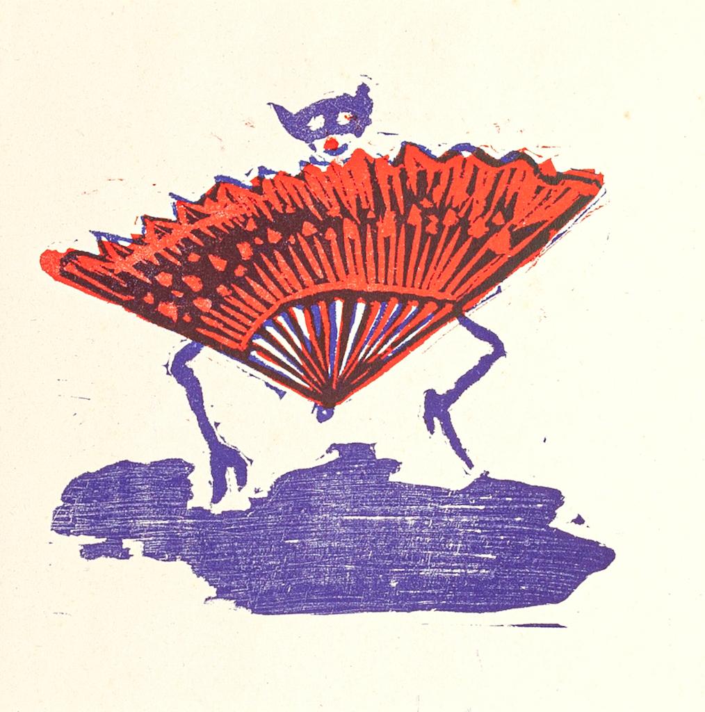 Hand Fan Clown - Original Woodcut Print by Mino Maccari - Mid-20th Century