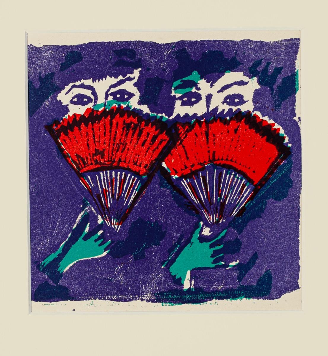 Hand Fan is an original woodcut realized by Mino Maccari.

Included a white Passepartout: 49 x 34 cm.

The state of preservation is very good.

The artwork represents two women faces behind a hand fan, through the vivid reddish color of hand fan and