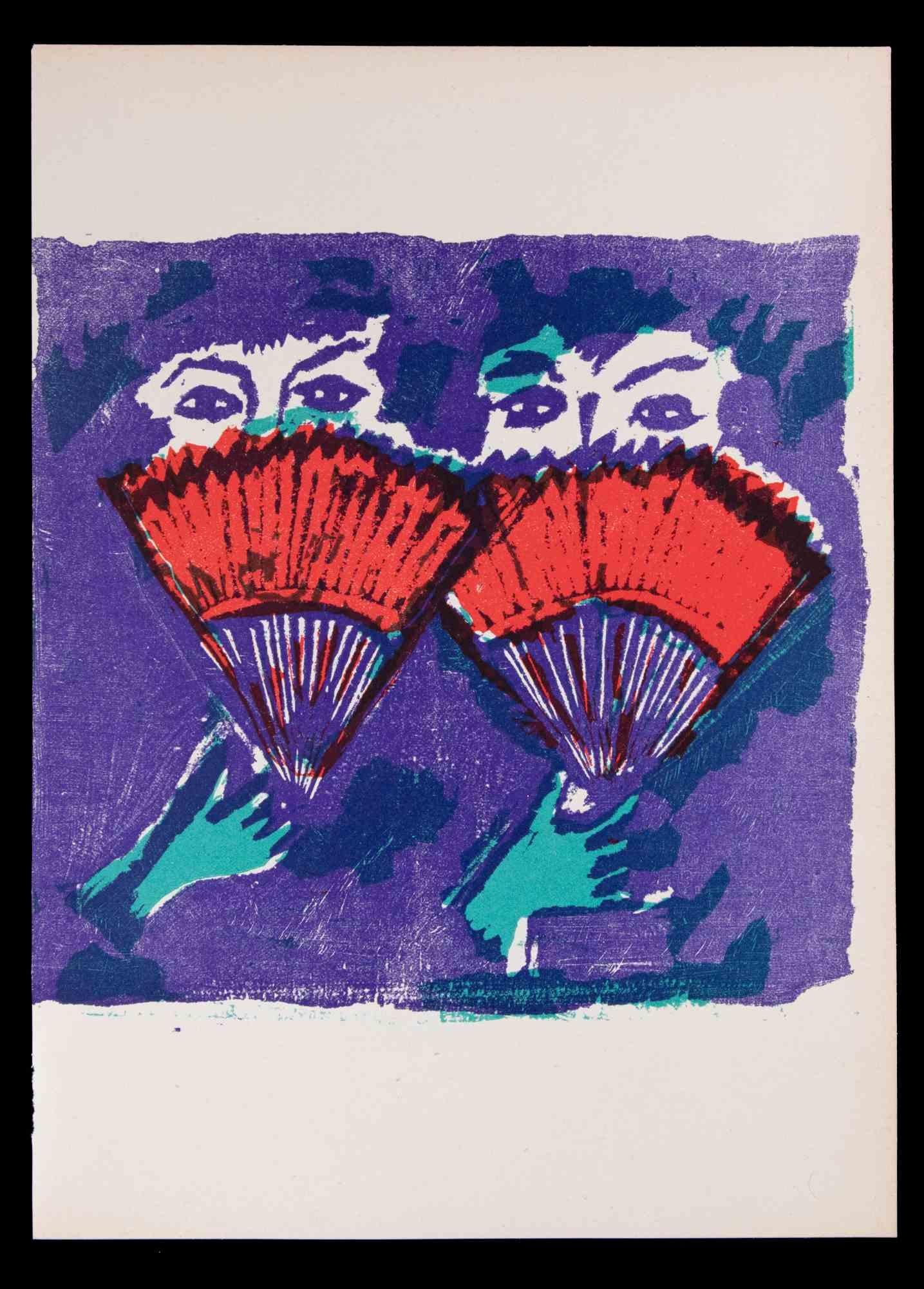 Hand Fans - Linocut by Mino Maccari - 1951