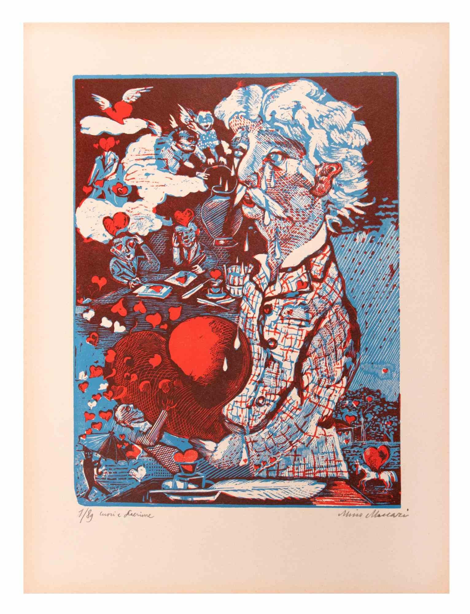 Cuori e Lacrime is an Artwork realized by Mino Maccari  (1924-1989) in the Mid-20th Century.

Colored woodcut on paper. Hand-signed on the lower, numbered 1/89 specimens and titled on the left margin.

Good conditions.

Mino Maccari (Siena,
