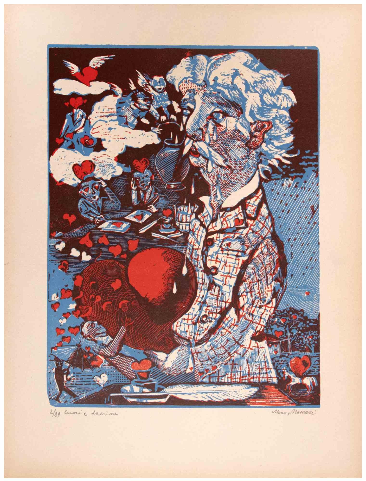 Cuori e Lacrime is an Artwork realized by Mino Maccari  (1924-1989) in the Mid-20th Century.

Colored woodcut on paper. Hand-signed on the lower, numbered 2/89 specimens and titled on the left margin.

Good conditions.

Mino Maccari (Siena,