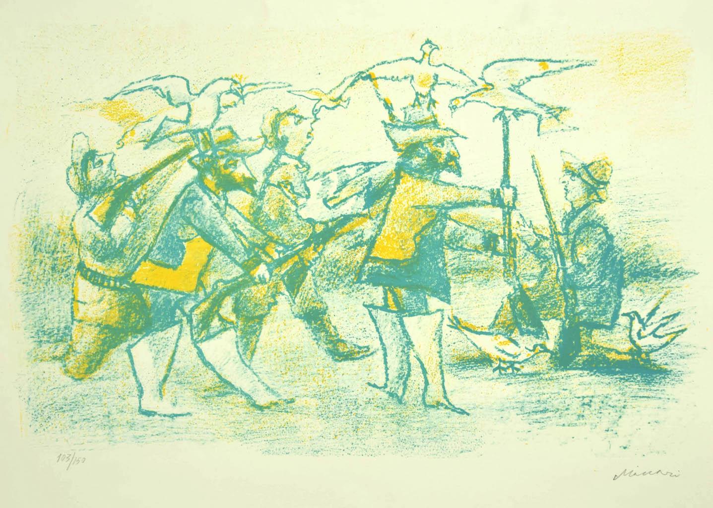 "Jäger"  ist ein originales lithografisches Kunstwerk von Mino Maccari (1898-1989).

Rechts unten mit Bleistift handsigniert und links unten nummeriert, Auflage 103/150 Exemplare.

In gutem Zustand, mit Ausnahme einiger kleiner Flecken an den