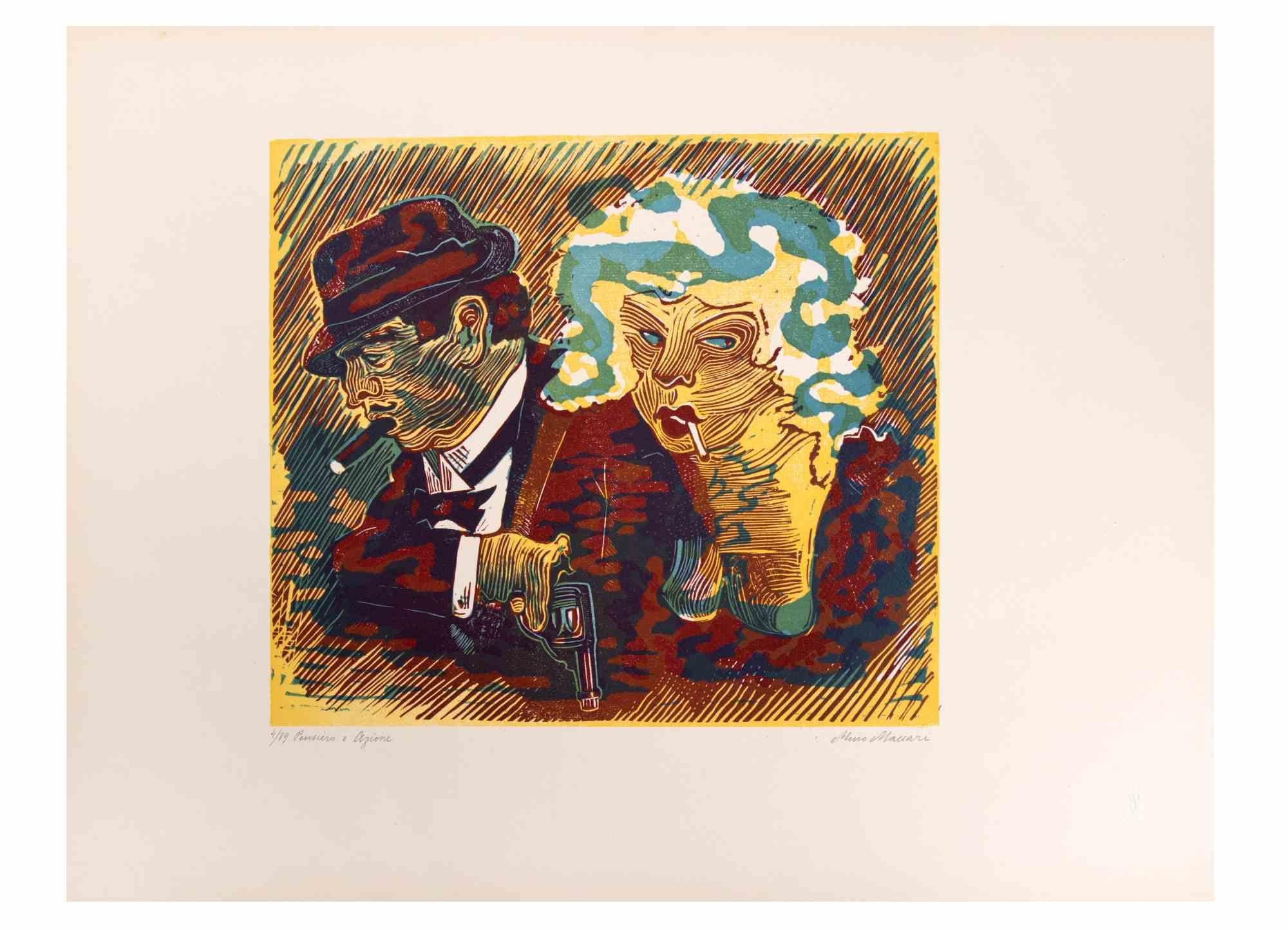 Imagination and Action ist ein Kunstwerk von Mino Maccari (1924-1989) aus der Mitte des 20. Jahrhunderts.

Farbiger Holzschnitt auf Papier. Unten handsigniert, nummeriert 4/89 Exemplare und am linken Rand betitelt.

Gute Bedingungen.

Mino Maccari