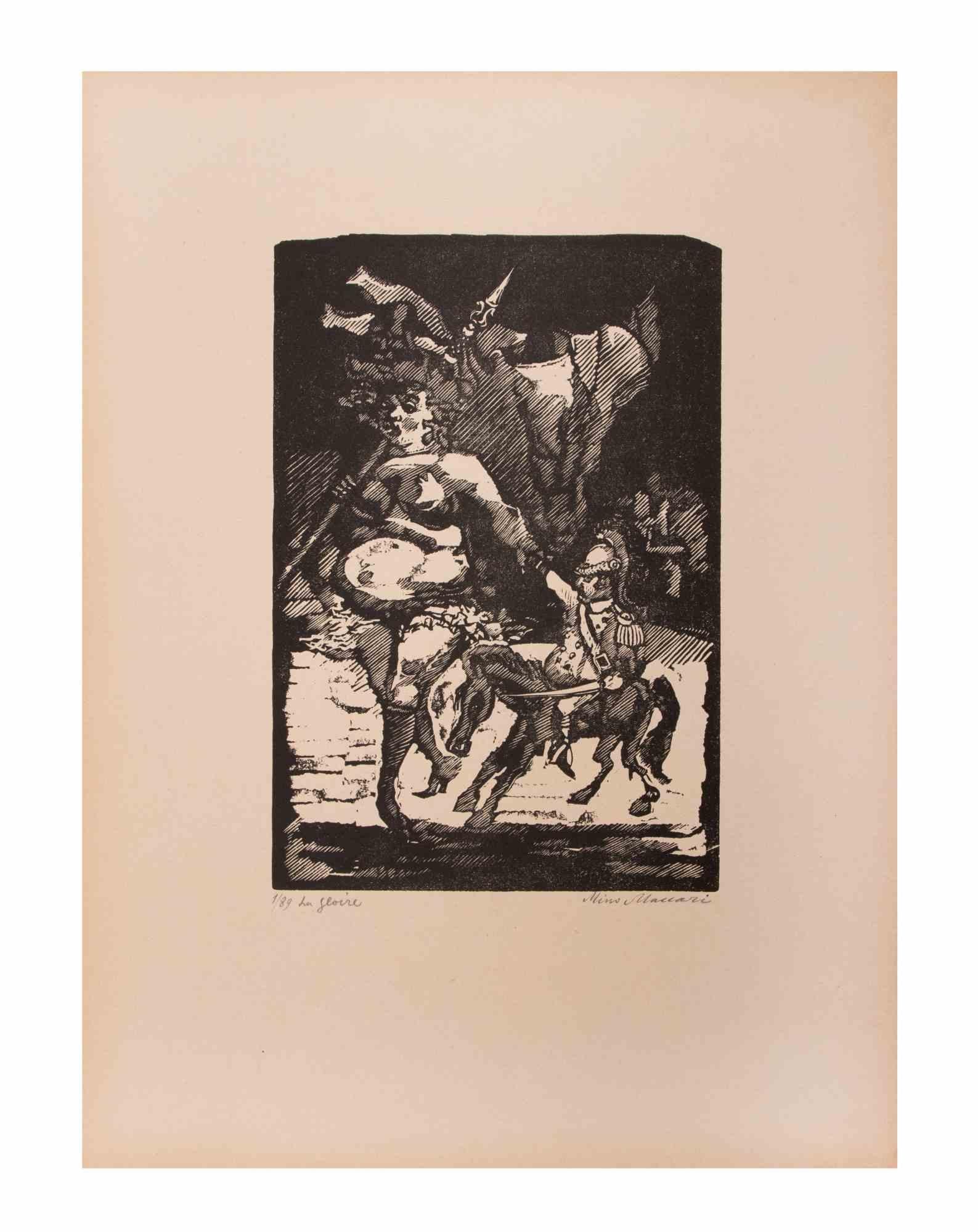 La Gloire ist ein Kunstwerk von Mino Maccari (1924-1989) aus der Mitte des 20. Jahrhunderts.

B./W. Holzschnitt auf Papier. Unten handsigniert, nummeriert 1/89 Exemplare und am linken Rand betitelt.

Gute Bedingungen.

Mino Maccari (Siena, 1924-Rom,