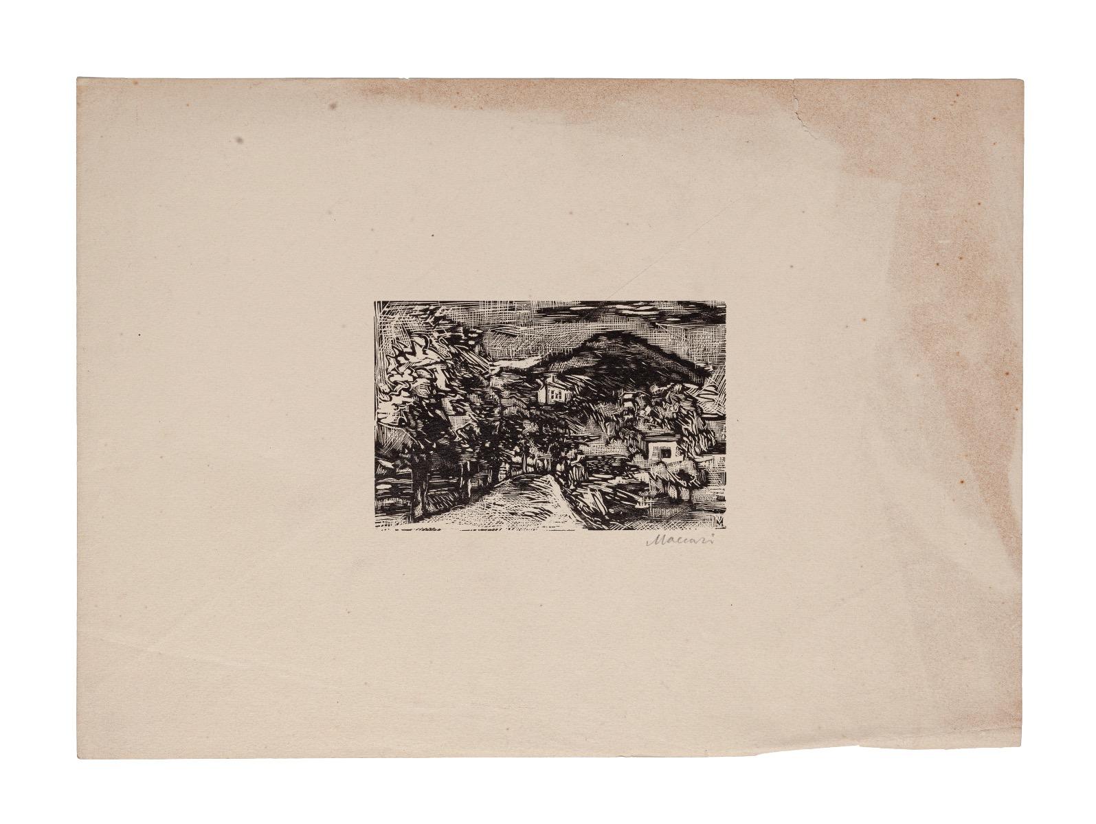 Landschaftslandschaft – Holzschnitt auf Papier von Mino Maccari – Mitte des 20. Jahrhunderts