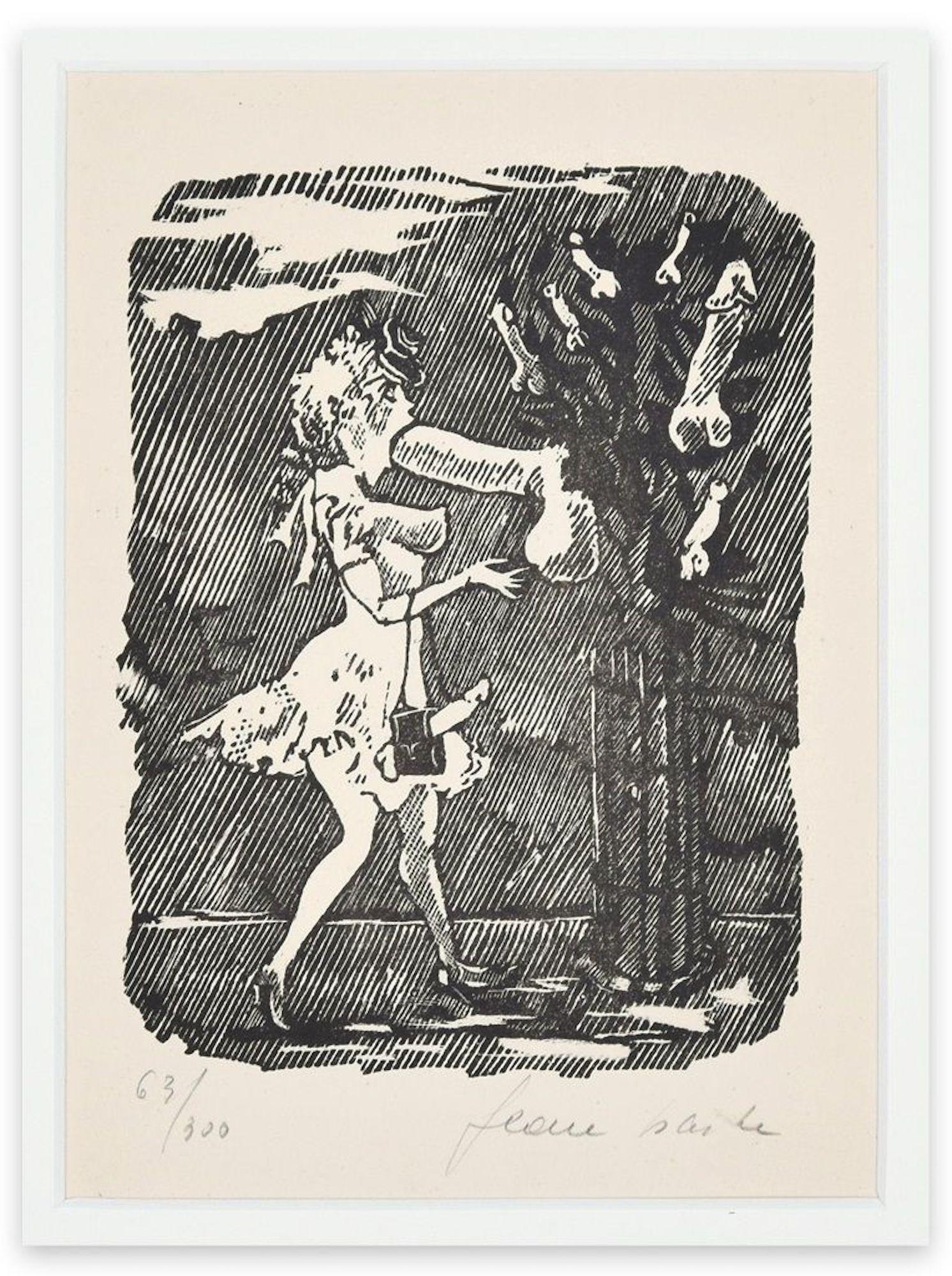 Dimensiones de la imagen: 16 x 12 cm.

L'Arbre du Plaisir es un linograbado en blanco y negro sobre papel de color marfil, realizado en 1945 por el maestro satírico italiano Mino Maccari (1898-1989).

Firmado a mano con el seudónimo de "Jean Barbe"