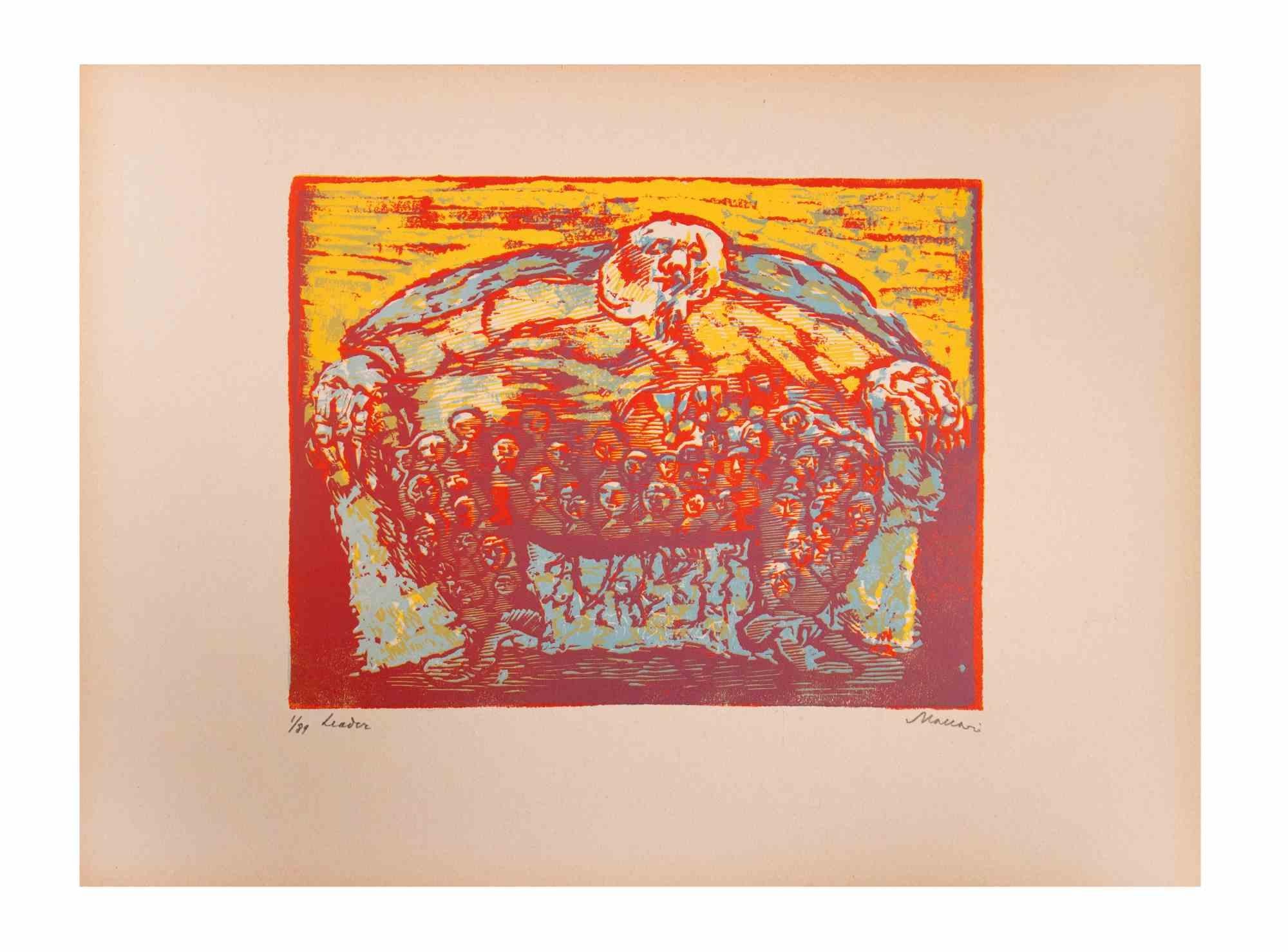 Leader is an Artwork realized by Mino Maccari  (1924-1989) in the Mid-20th Century.

Colored woodcut on paper. Hand-signed on the lower, numbered 1/89 specimens and titled on the left margin.

Good conditions.

Mino Maccari (Siena, 1924-Rome, June