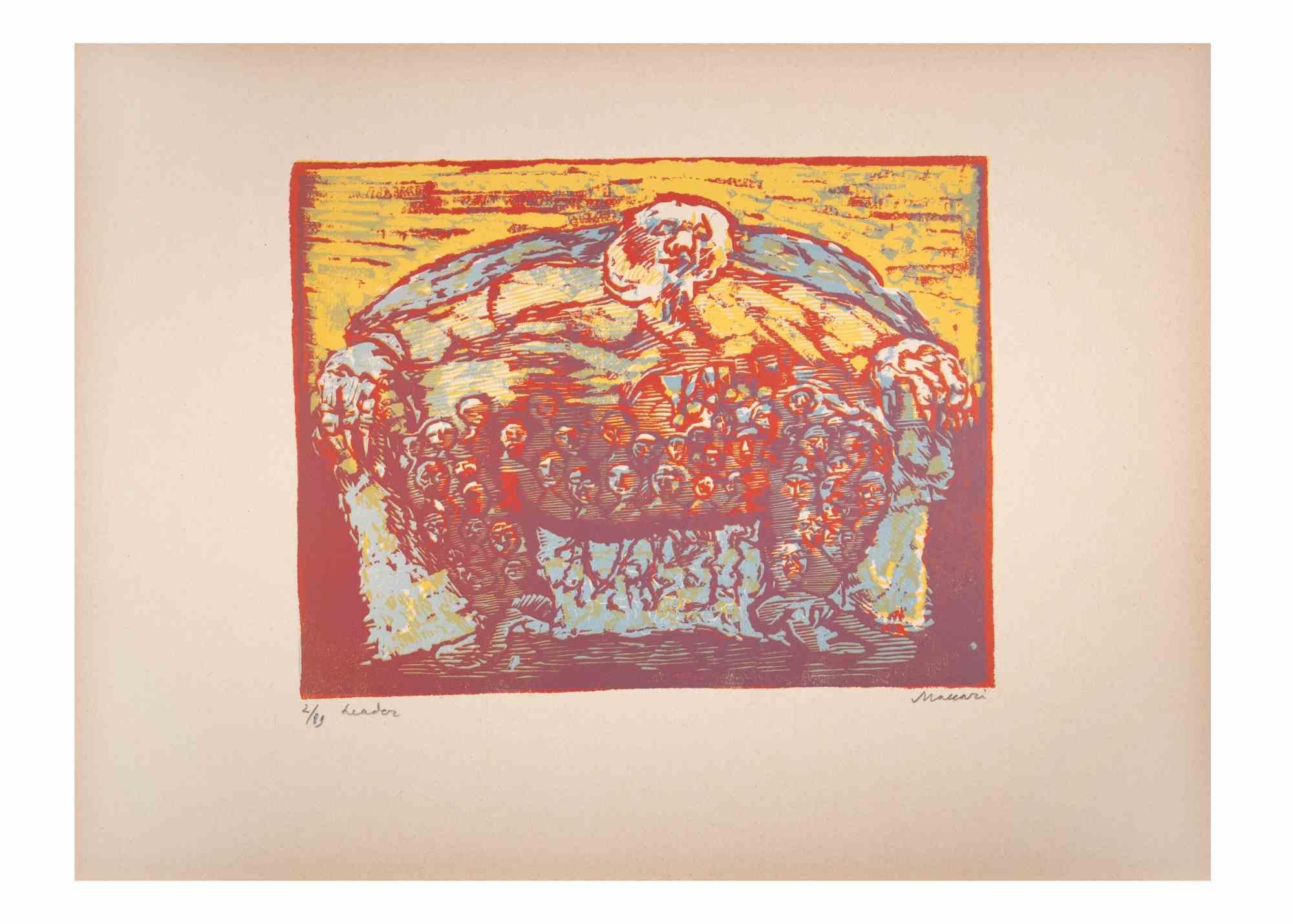 Leader ist ein Kunstwerk von Mino Maccari (1924-1989) aus der Mitte des 20. Jahrhunderts.

Farbiger Holzschnitt auf Papier. Unten handsigniert, nummeriert 2/89 Exemplare und am linken Rand betitelt.

Gute Bedingungen.

Mino Maccari (Siena, 1924-Rom,