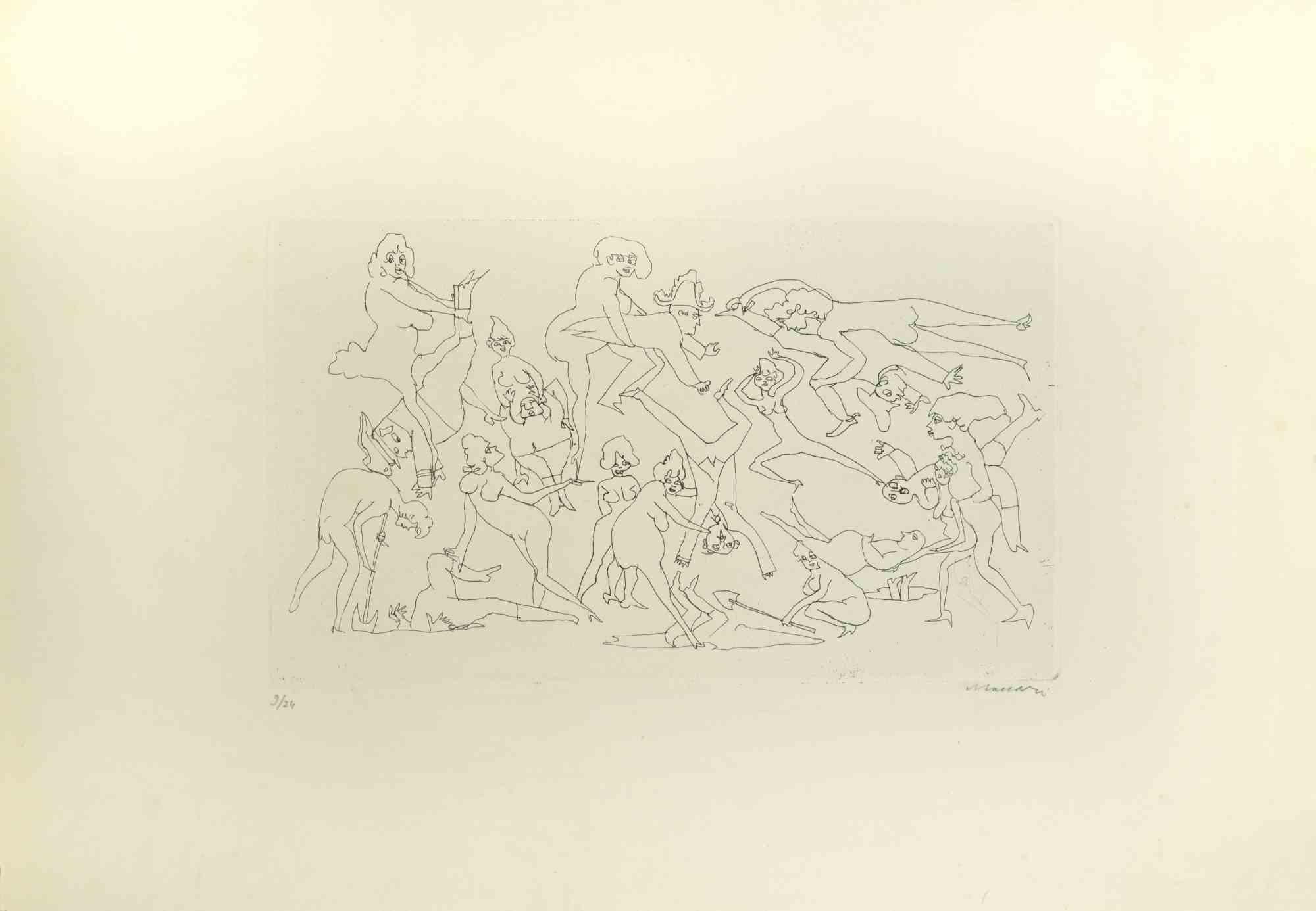 Men and Women is an Etching and Drypoint realized by Mino Maccari in the Mid-20th Century.

Hand-signed in the lower right part.

Numbered. Edition,9/24.

Good conditions.

Mino Maccari (Siena, 1924-Rome, June 16, 1989) was an Italian writer,