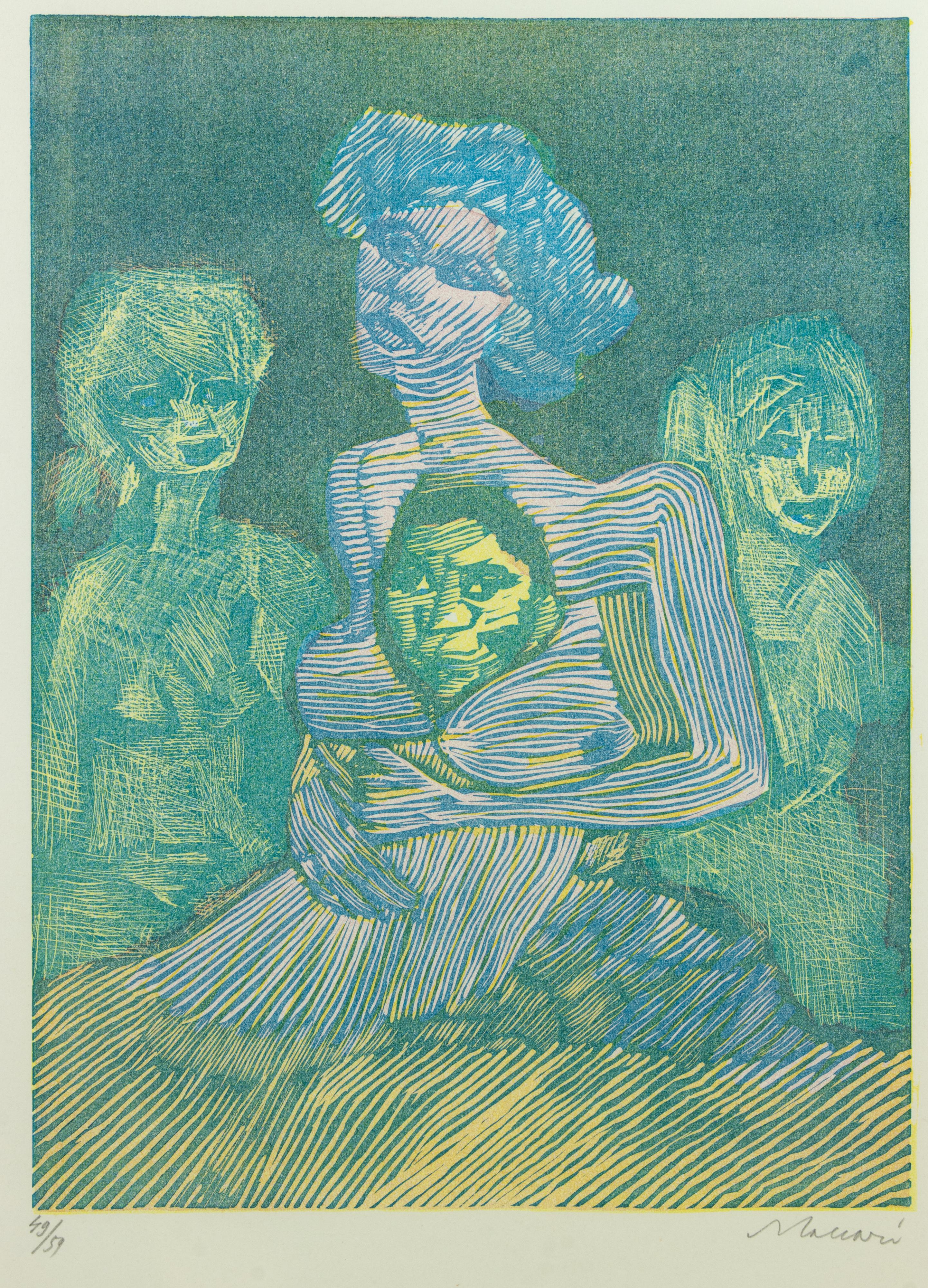 Mother and Chidren - Linocut by Mino Maccari - Mid-20th Century For Sale 3