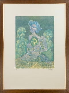 Madre e figli - Linocut di Mino Maccari - metà del XX secolo