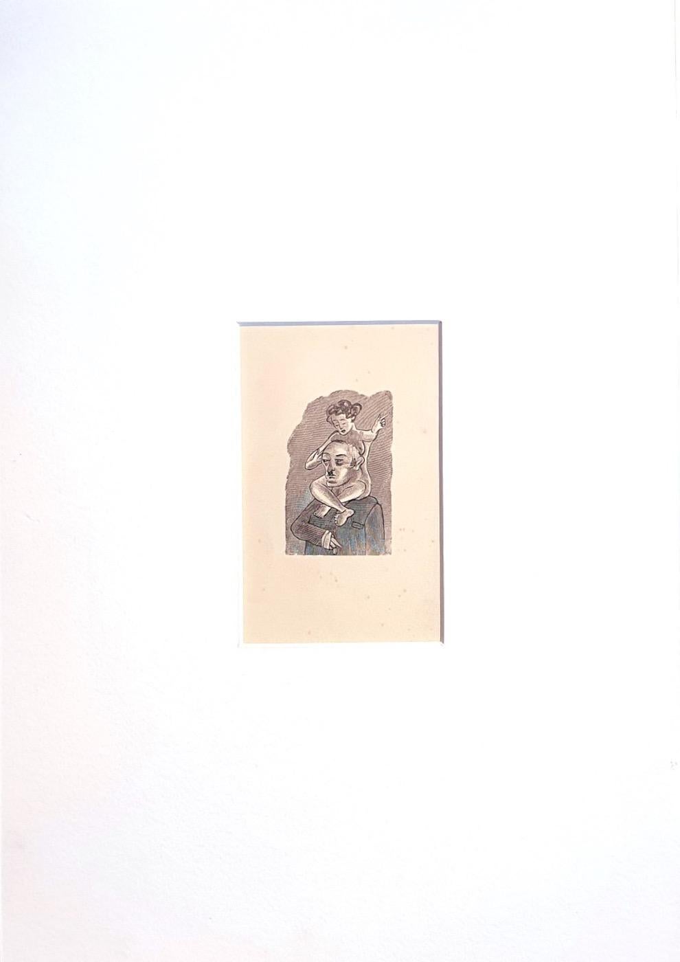 Nude Burden is an original zincography artwork realized by Mino Maccari.

Included a white Passepartout: 49 x 34

The state of preservation is very good.

The artwork represents a man with a nude woman on his shoulder, a satiric style of Maccari