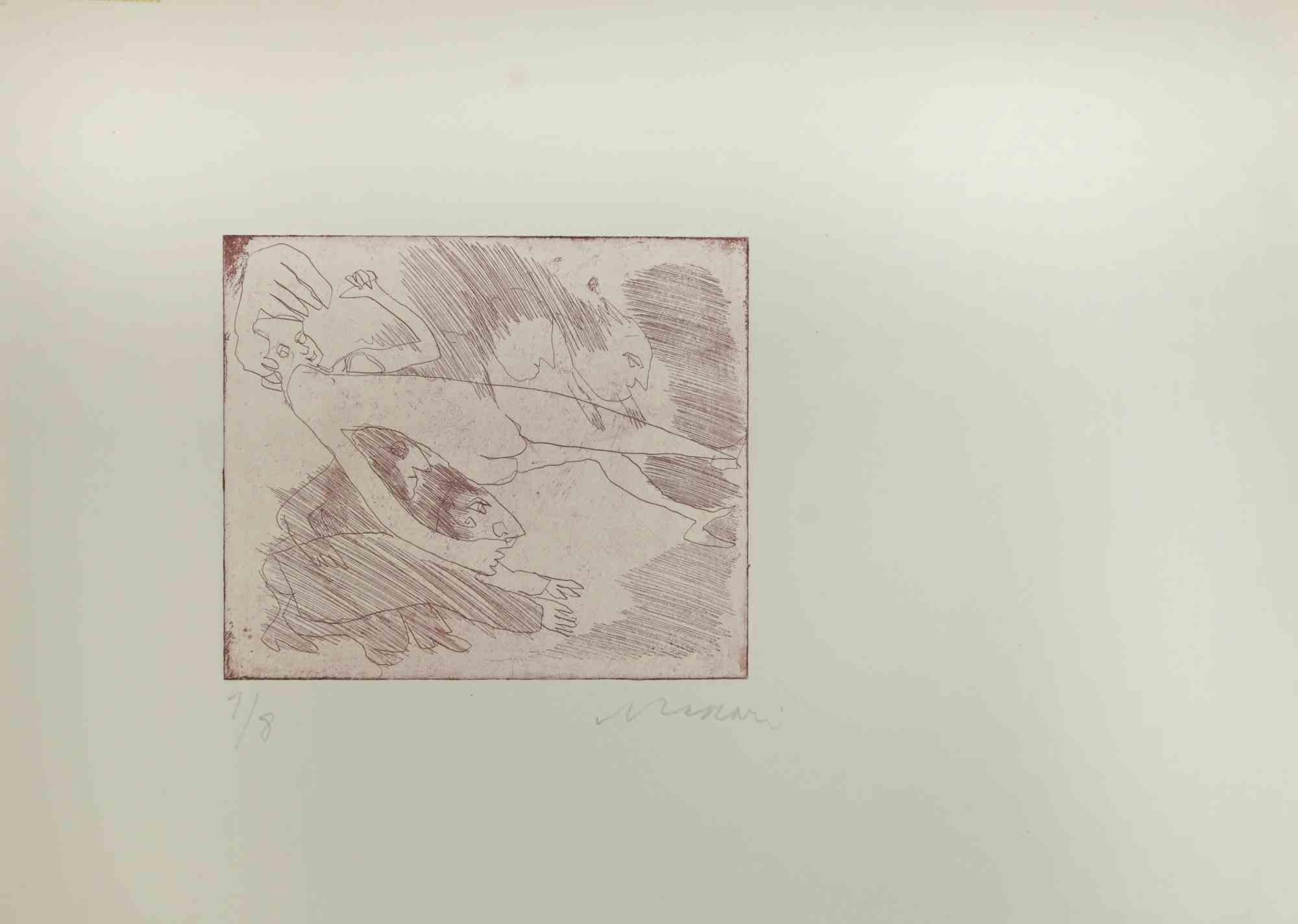 Nude est une gravure à l'eau-forte et à la pointe sèche réalisée par Mino Maccari au milieu du 20e siècle.

Signé à la main dans la partie inférieure droite.

Numéroté. Edition,1/8.

Bonnes conditions.

Mino Maccari (Sienne, 1924-Rome, 16 juin 1989)