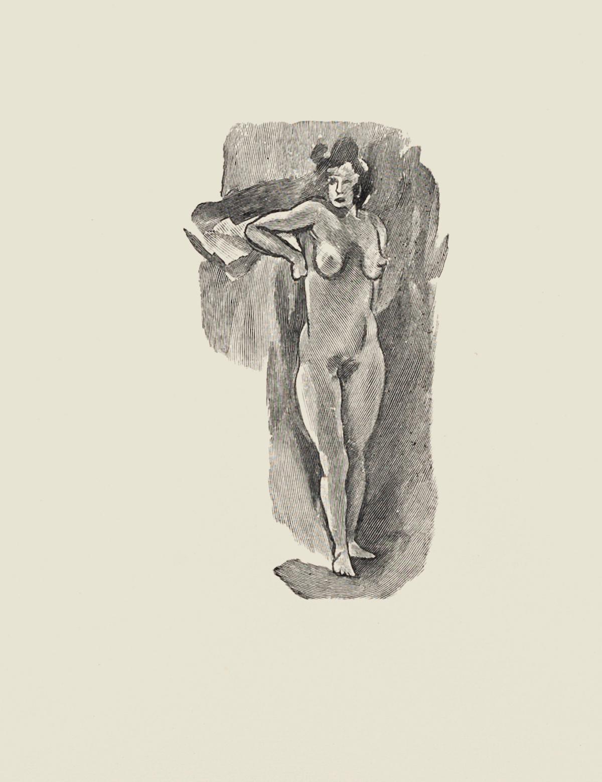Nude is an original zincography artwork realized by Mino Maccari.

Included a white Passepartout: 49 x 34

The state of preservation is very good.

The artwork represents a nude standing woman, characterized by strong and confident strokes.

Mino