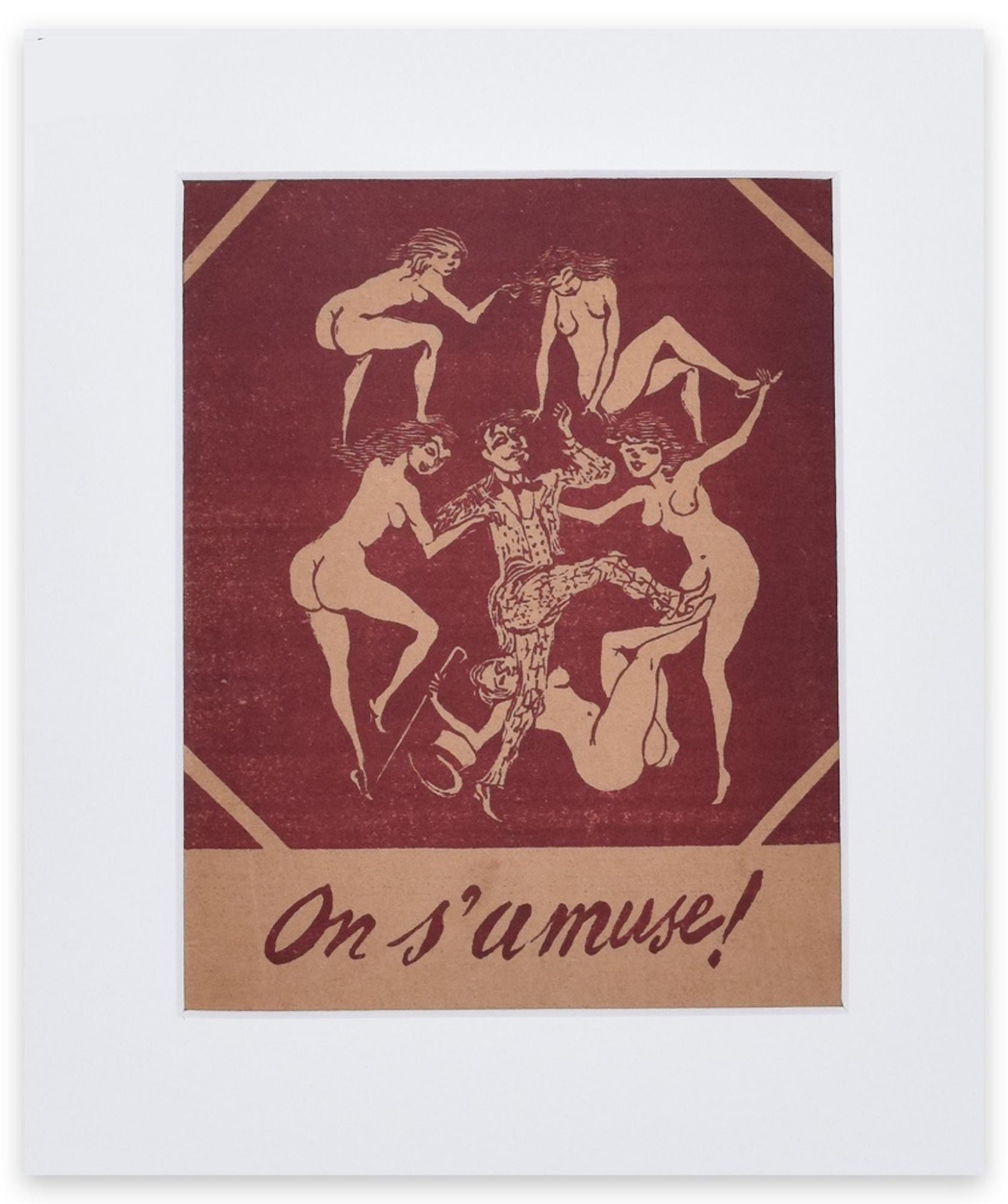 On S'Amuse ist ein Originalkunstwerk von Mino Maccari aus dem Jahr 1945.

Original farbige Xylographie.

Einschließlich Passepartout: 49 x 33,5 cm

Guter Zustand mit Ausnahme der zeitbedingten Vergilbung des Papiers und einiger Stockflecken.

Dieser