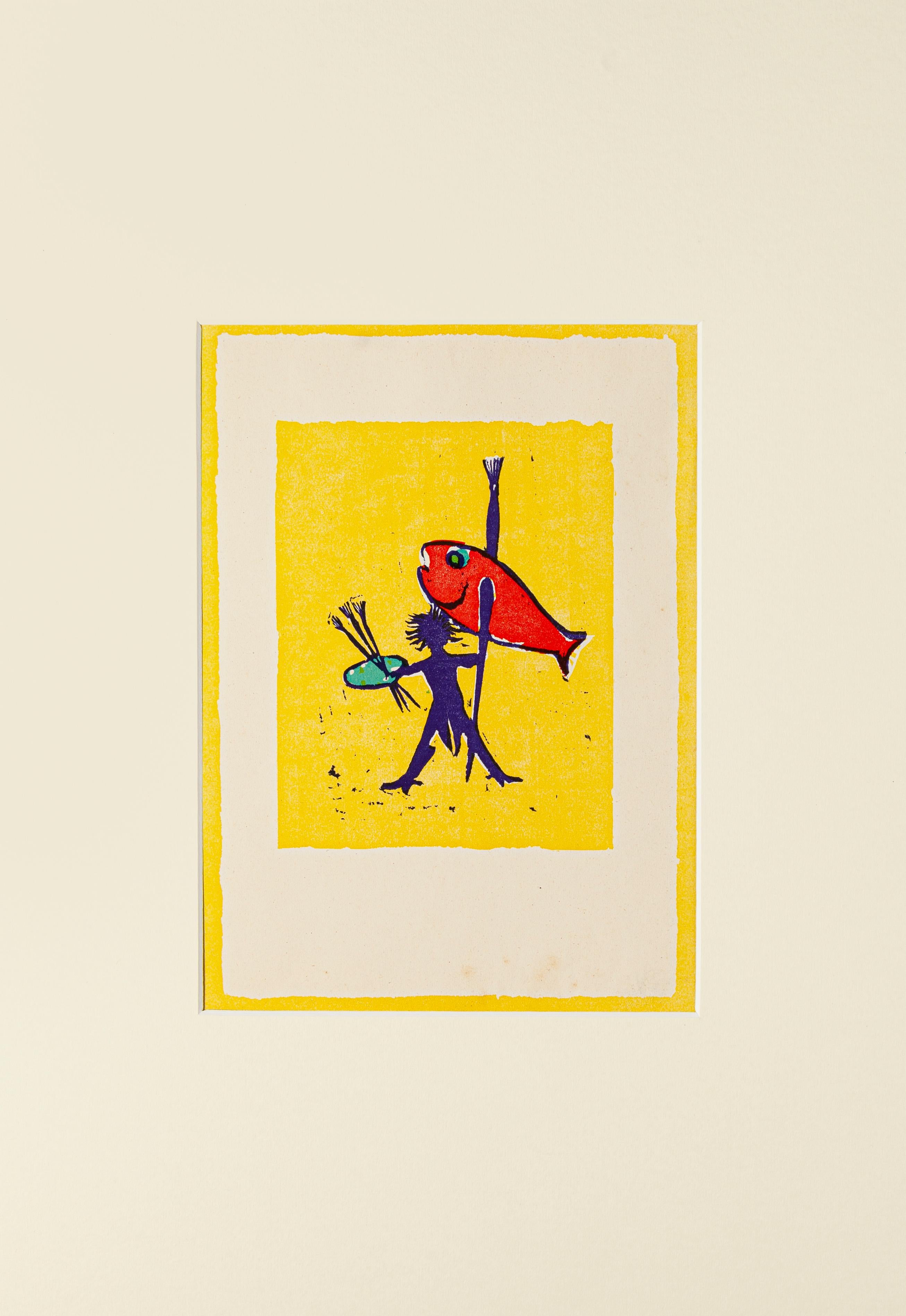 Painter Fisherman is a woodcut artwork realized by Mino Maccari.

Included a white Passepartout: 49 x 34 cm.

The state of preservation is very good.

The artwork represents a boy hunting a big red fish with yellowish background. The artwork is