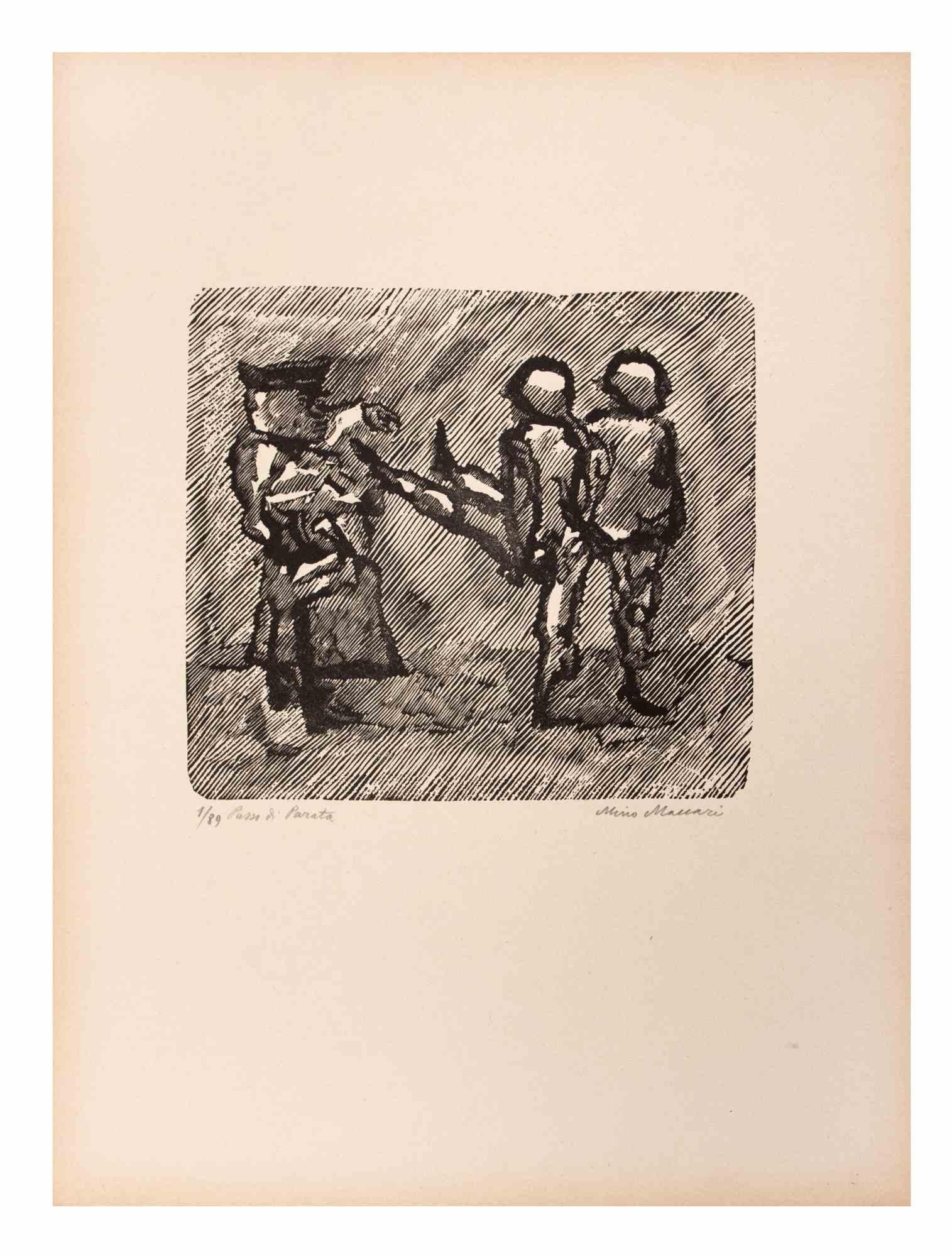 Passi di Parata is an Artwork realized by Mino Maccari  (1924-1989) in the Mid-20th Century.

Woodcut on paper. Hand-signed on the lower right corner. Numbered 1/89 specimens and titled on the left margin.

Good conditions.

Mino Maccari (Siena,