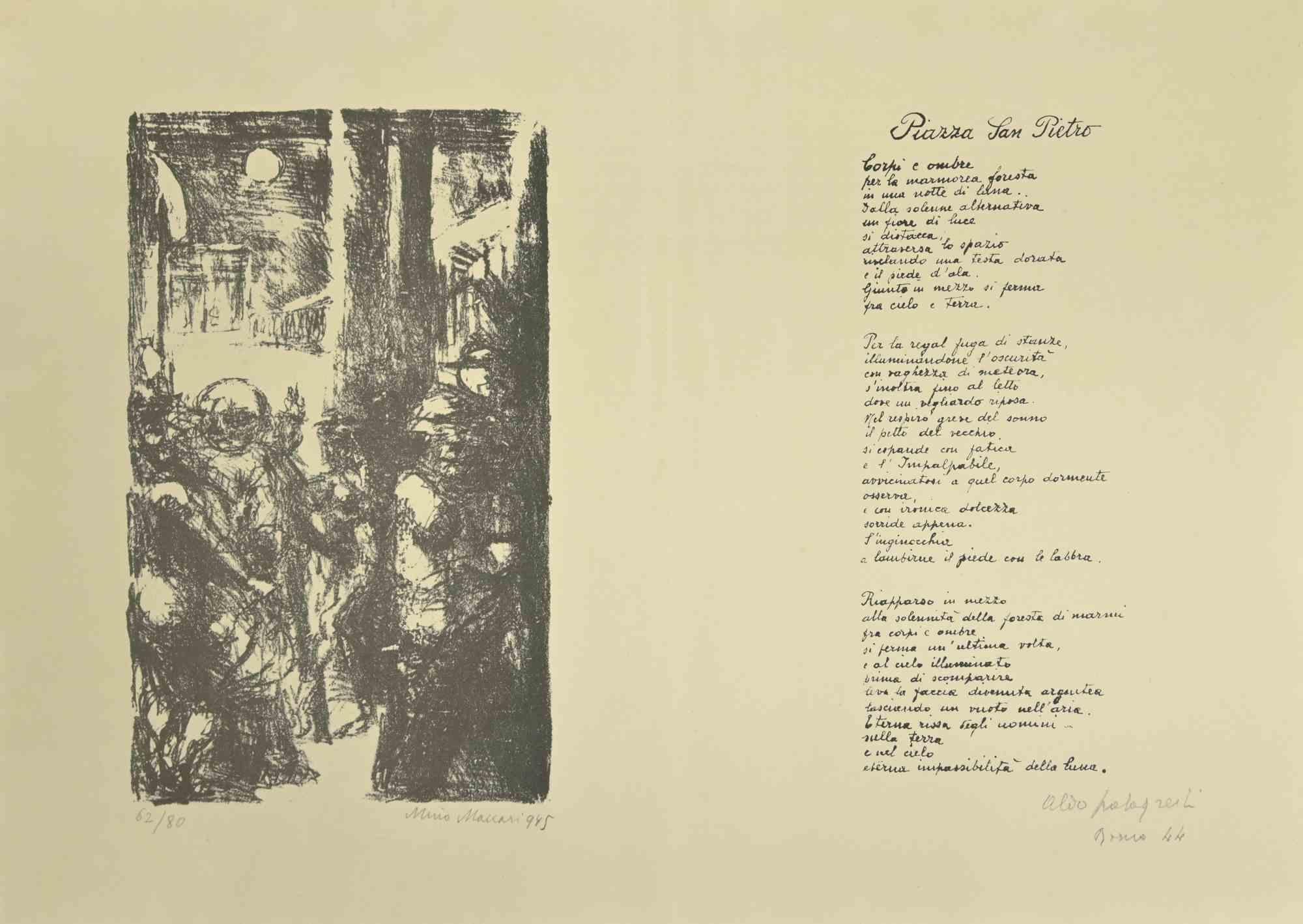 Piazza San Pietro is a modern artwork realized by Mino Maccari, Aldo Palazzeschi in 1944-1945.

Black and white lithograph realized by Maccari and a poem written by Aldo Palazzeschi in Italian on the second page.

The lithograph is numbered, edition