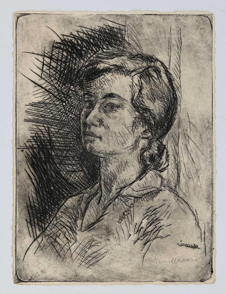 Portrait of Woman 1929 is an original drypoint realized by Mino Maccari (1929).

The artwork is in good conditions except for worn paper on the margins.

Ref: Cat. Meloni numbered 887 (mm. 220x162).

Mino Maccari was an Italian writer, painter,
