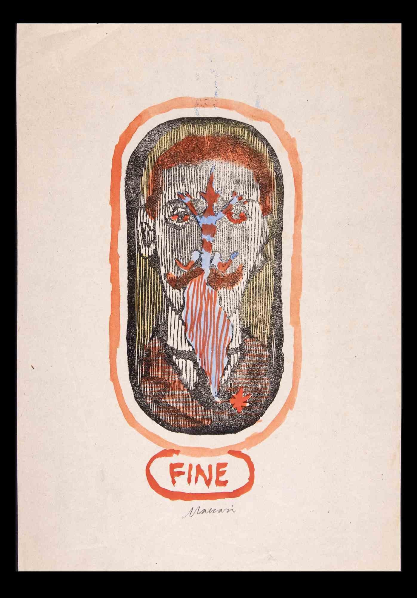 Portrait. The End is a Watercolor on woodcut print realized by Mino Maccari  (1924-1989) in 1965.

Hand signed on the lower margin.

Good condition on a yellowed paper.

Mino Maccari (Siena, 1924-Rome, June 16, 1989) was an Italian writer, painter,