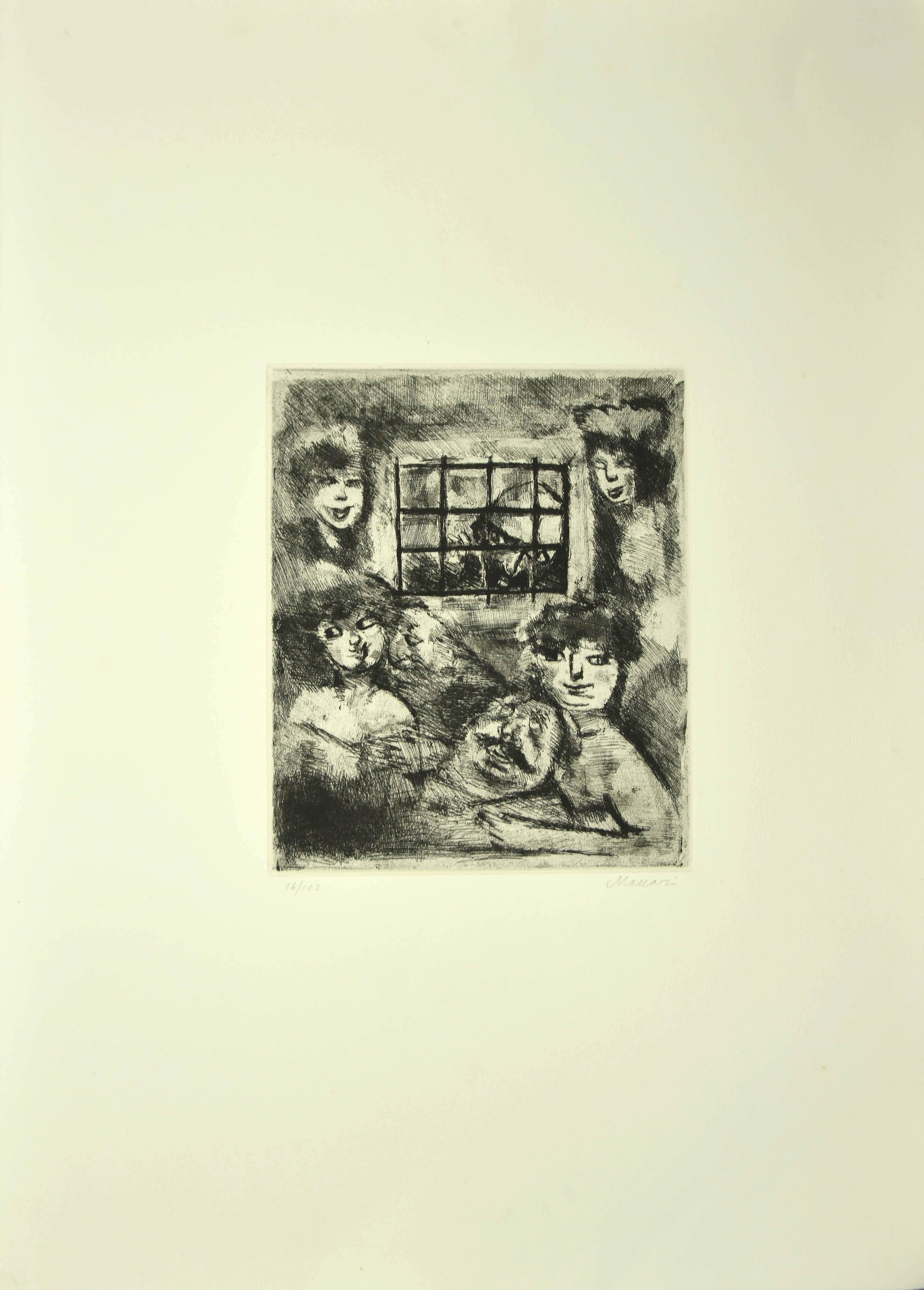 Prisoners - Original Etching by Mino Maccari - 1964 For Sale 1
