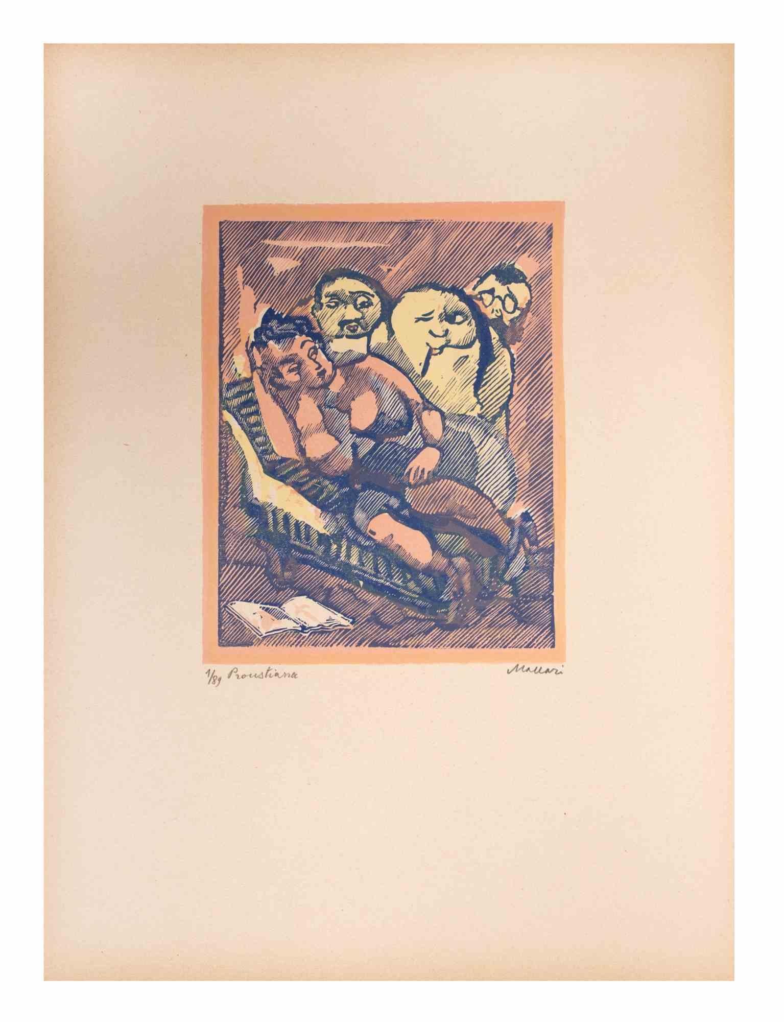 Proustian (Proustiana) ist ein Kunstwerk von Mino Maccari (1924-1989) aus der Mitte des 20. Jahrhunderts.

Farbiger Holzschnitt auf Papier. Unten handsigniert, nummeriert 1/89 Exemplare und am linken Rand betitelt.

Gute Bedingungen.

Mino Maccari